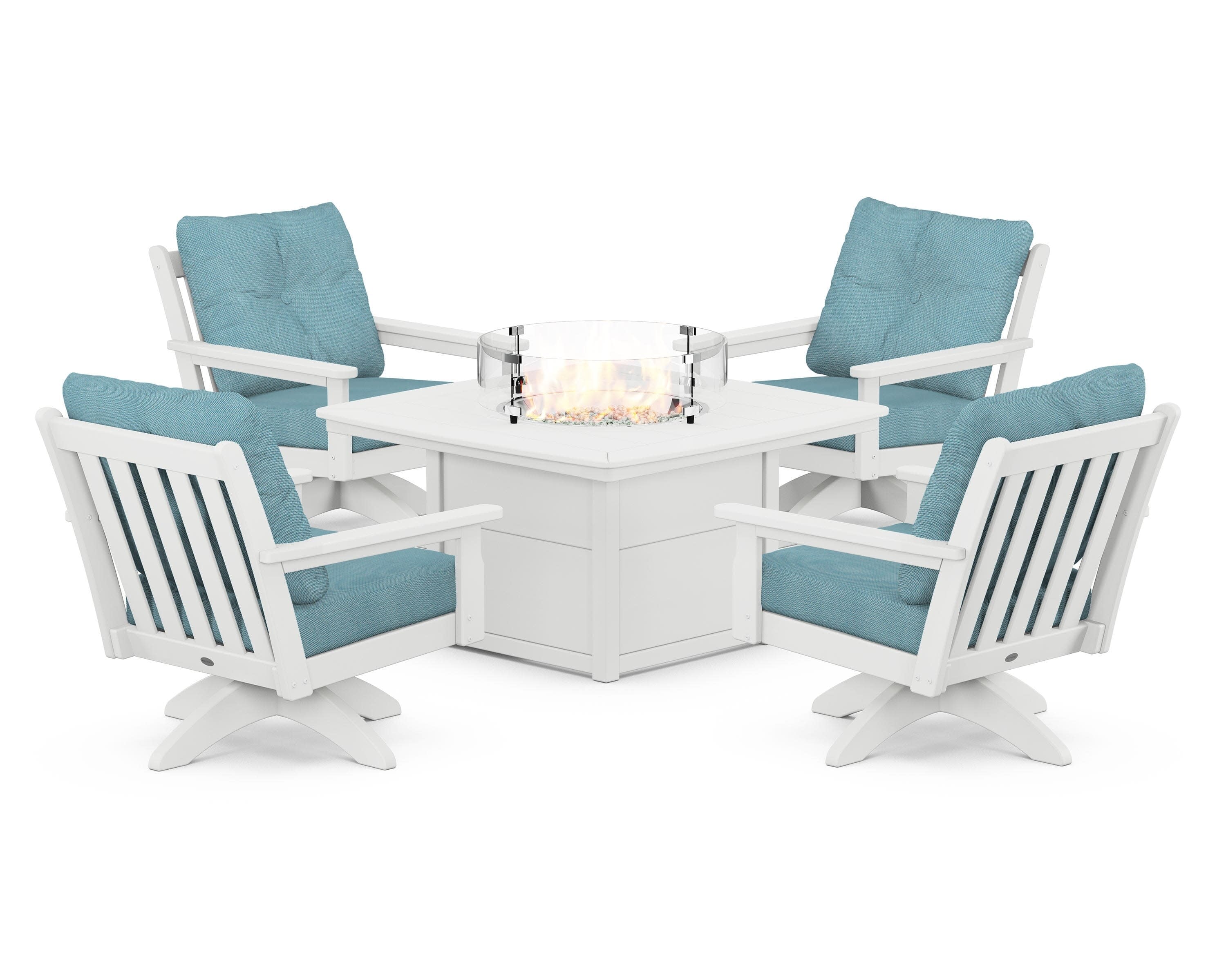 Vineyard 5-Piece Deep Seating Swivel Conversation Set with Fire Pit Table in White / Lattice Sky Blue