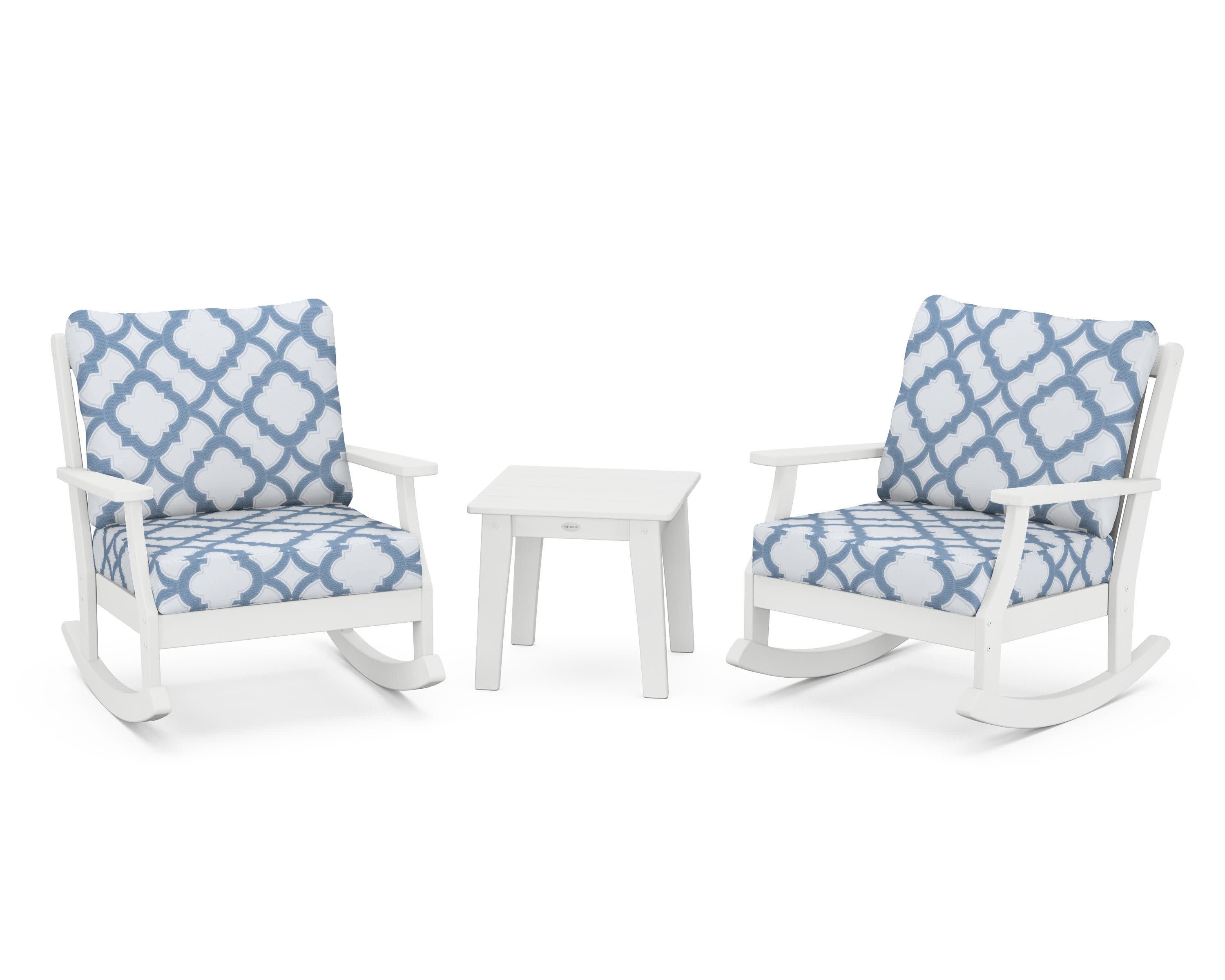 Braxton 3-Piece Deep Seating Rocker Set in White / Trellis Sky Blue