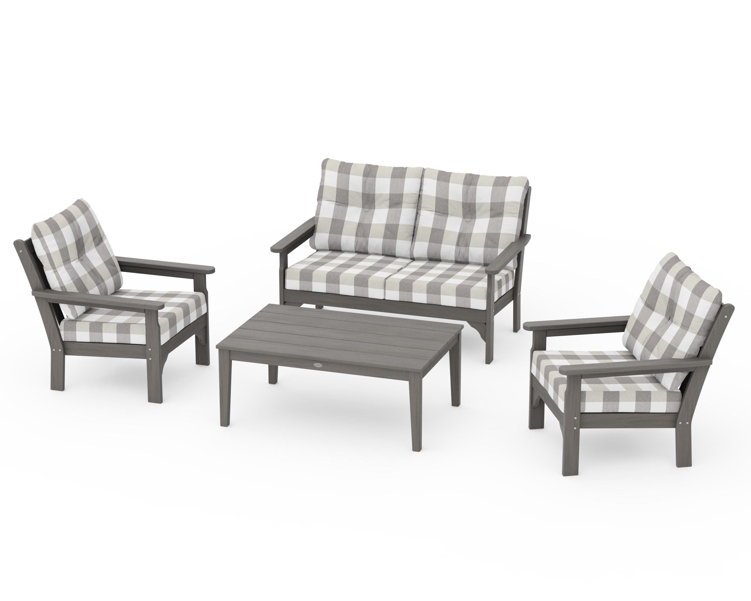 Vineyard 4-Piece Deep Seating Set in Driftwood / Buffalo Plaid Grey Mist