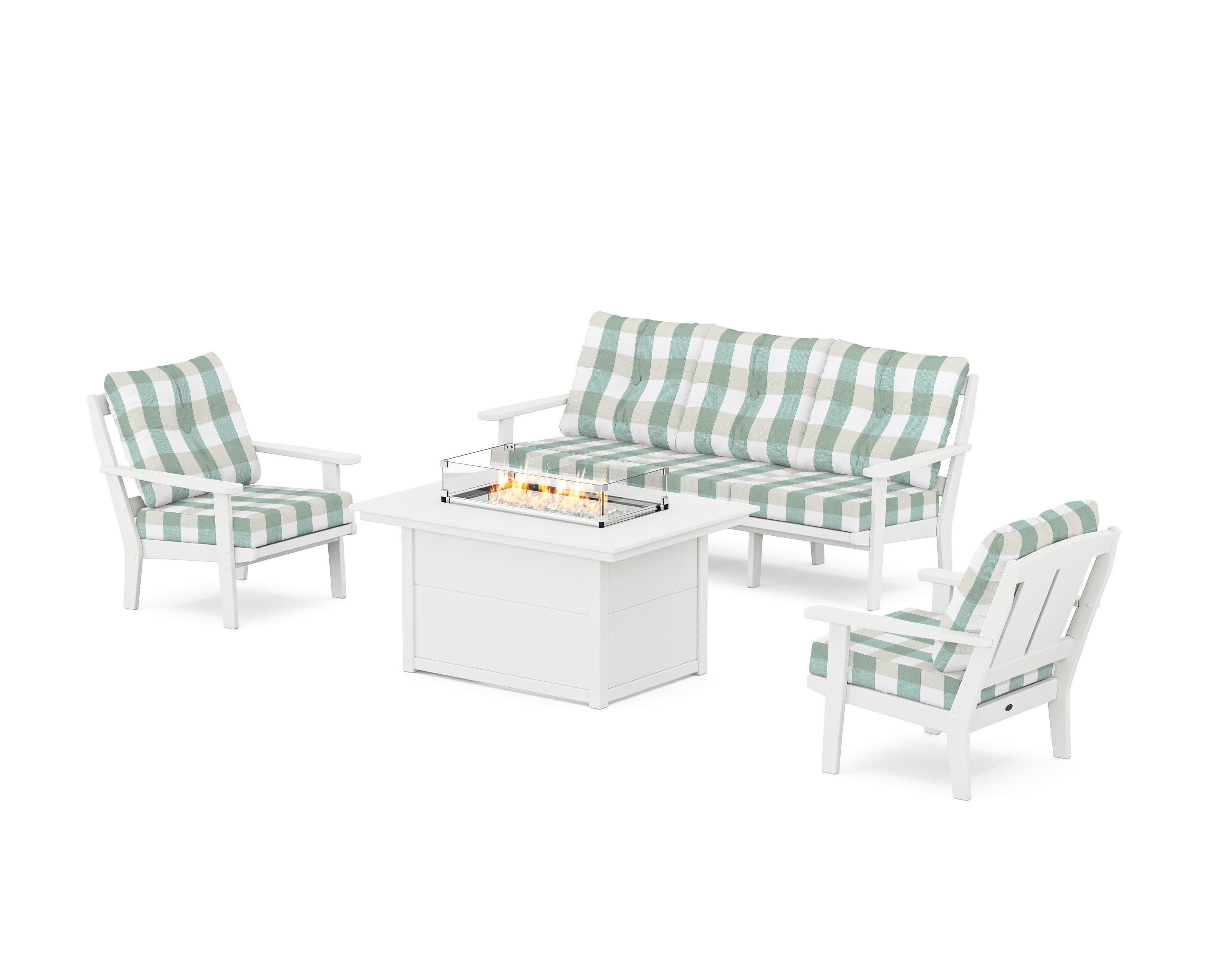 Mission Deep Seating Fire Pit Table Set in White / Buffalo Plaid Glacier Spa