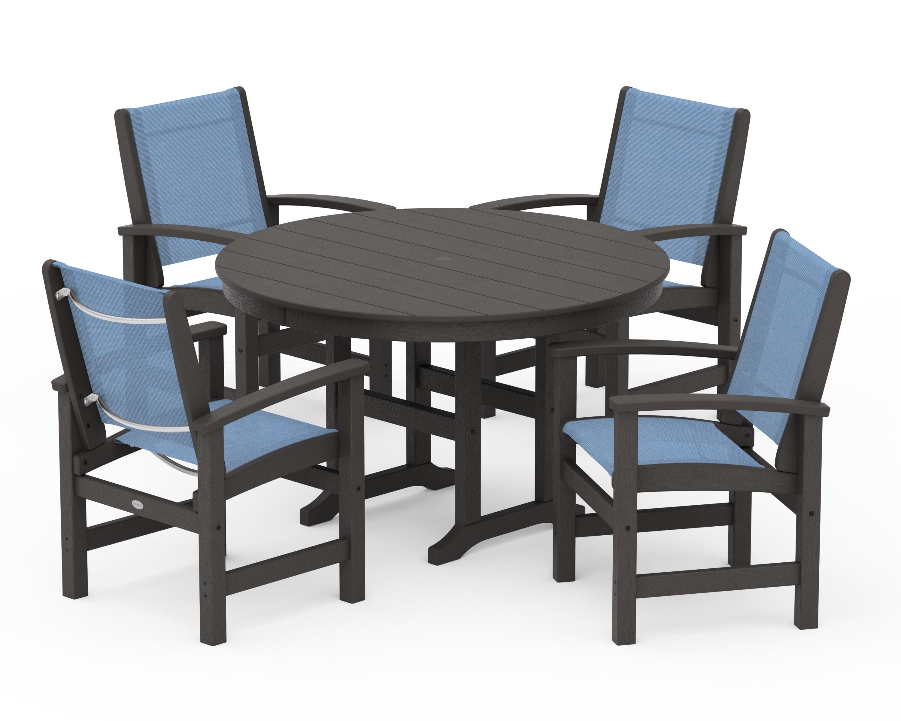 Coastal 5-Piece Round Farmhouse Dining Set in Vintage Coffee / Poolside Sling