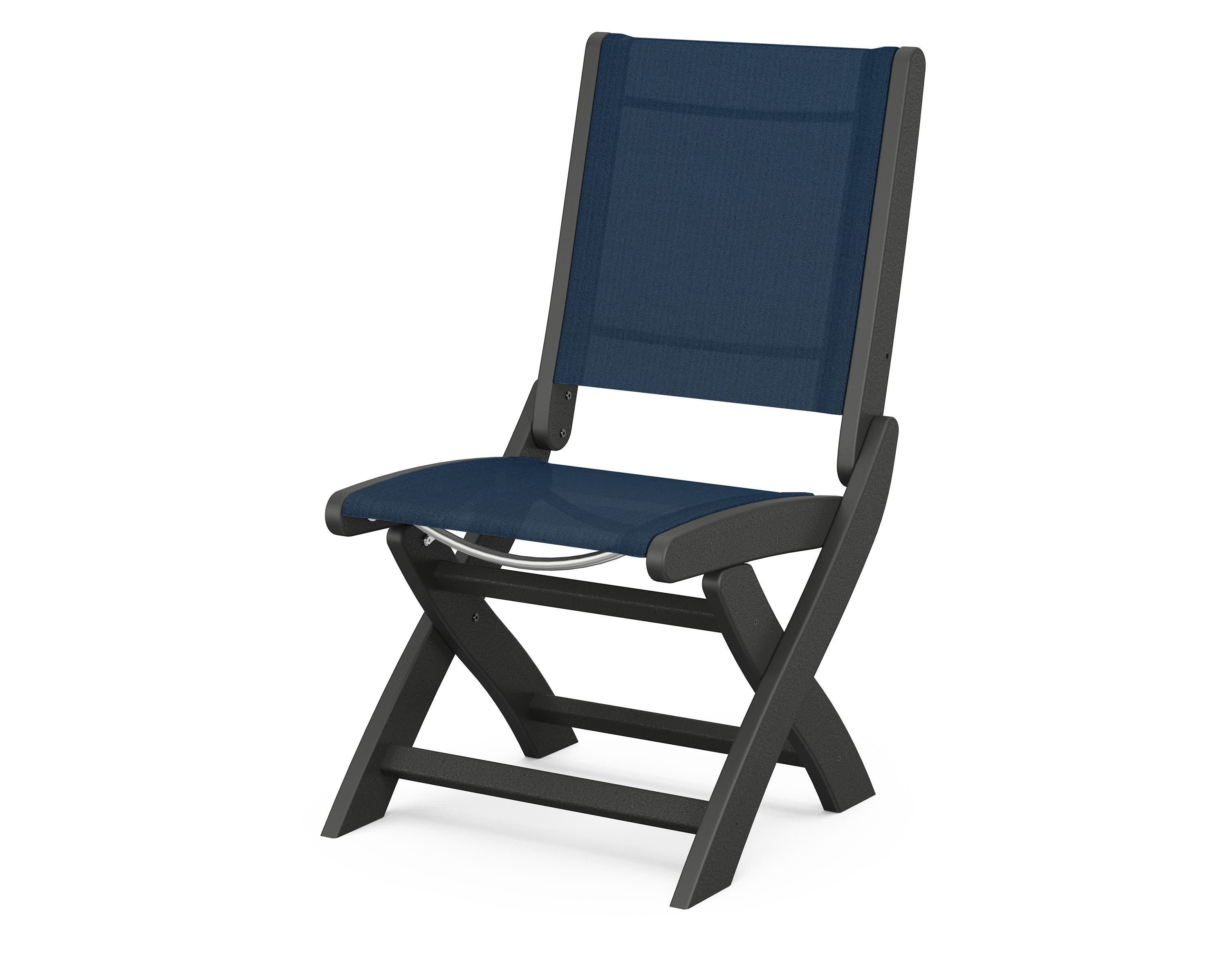 Coastal Folding Side Chair in Black / Navy Blue Sling