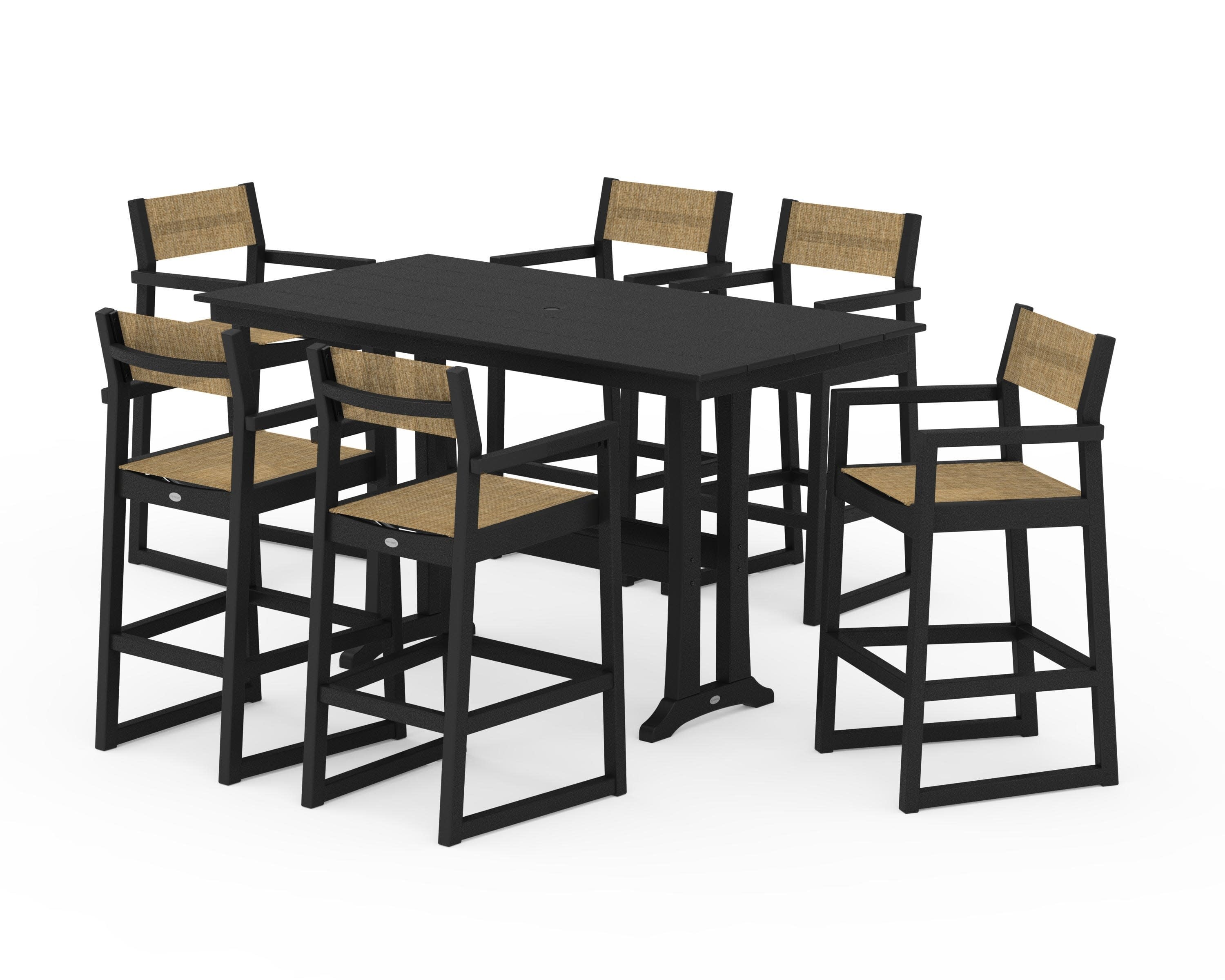 EDGE Sling Arm Chair 7-Piece Farmhouse Bar Set with Trestle Legs in Black / Burlap Sling