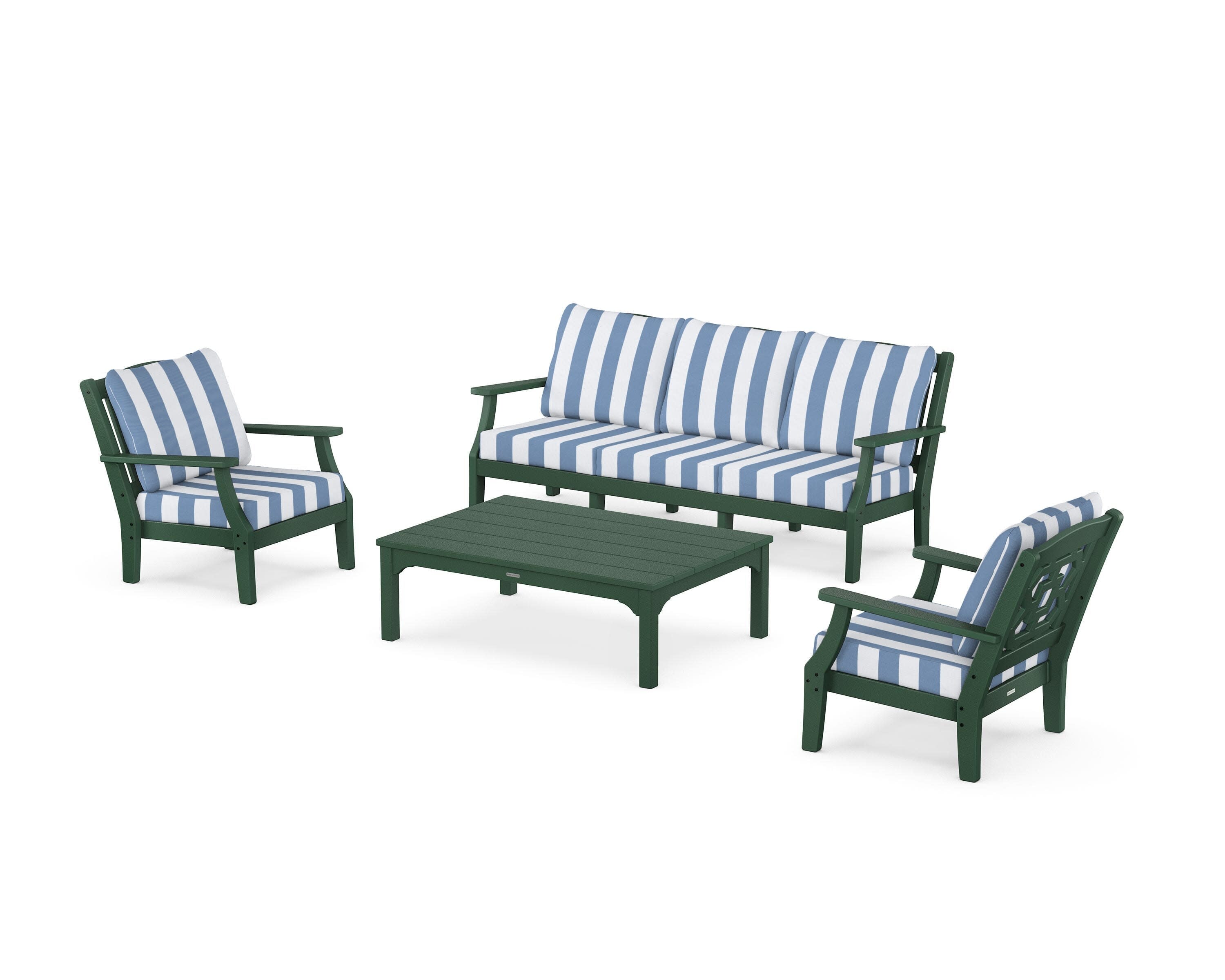 Chinoiserie 4-Piece Deep Seating Set with Sofa in Green / Cabana Stripe Sky Blue