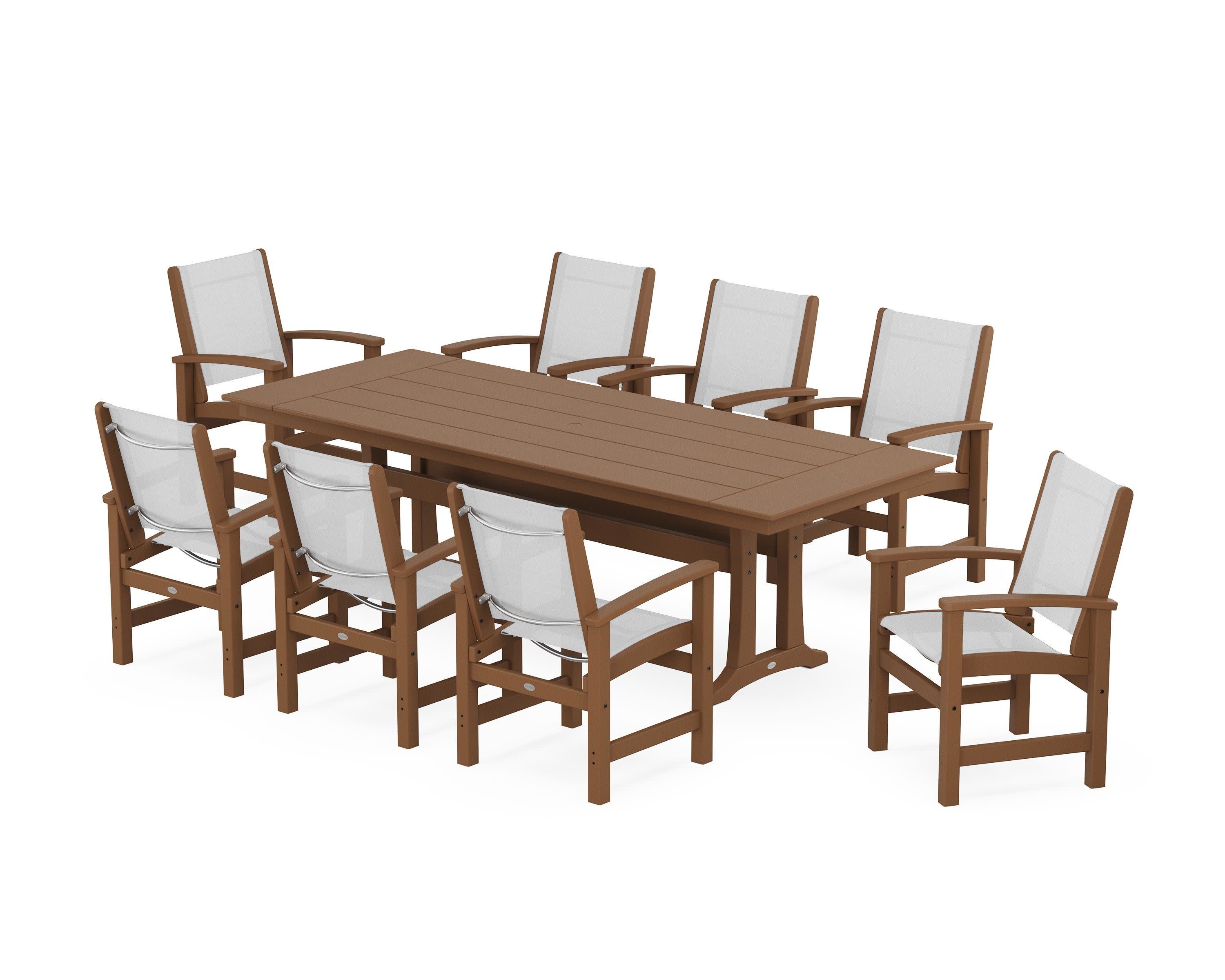 Coastal 9-Piece Farmhouse Dining Set with Trestle Legs in Teak / White Sling