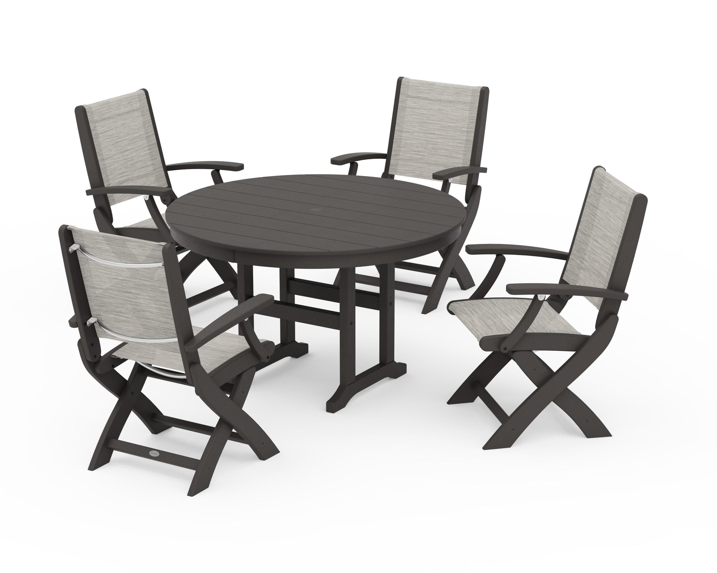 Coastal Folding Chair 5-Piece Round Dining Set in Vintage Coffee / Birch Sling