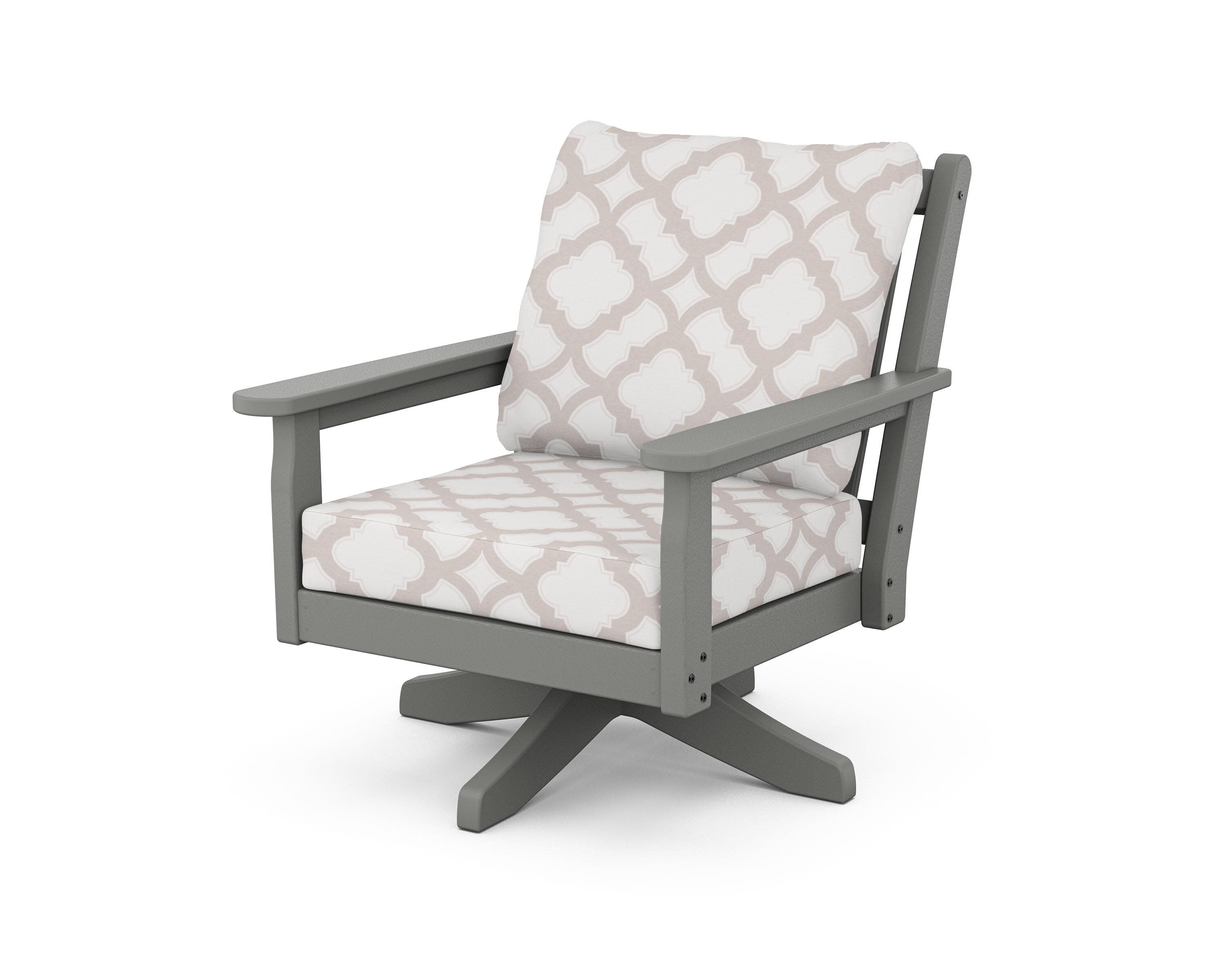 Chippendale Deep Seating Swivel Chair in Slate Grey / Trellis Dune Burlap