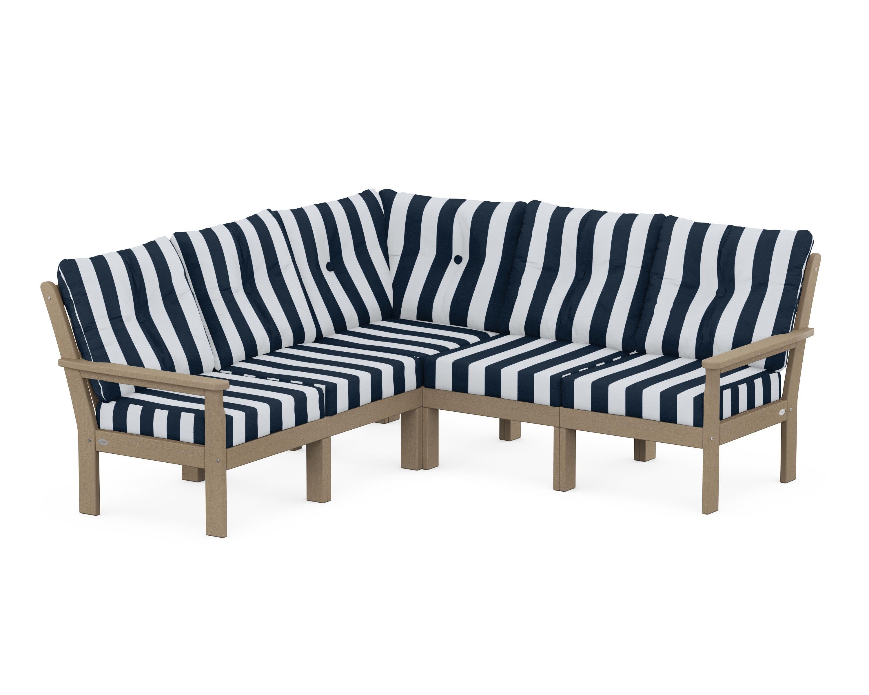 Vineyard 5-Piece Sectional in Vintage Sahara / Cabana Stripe Marine Indigo