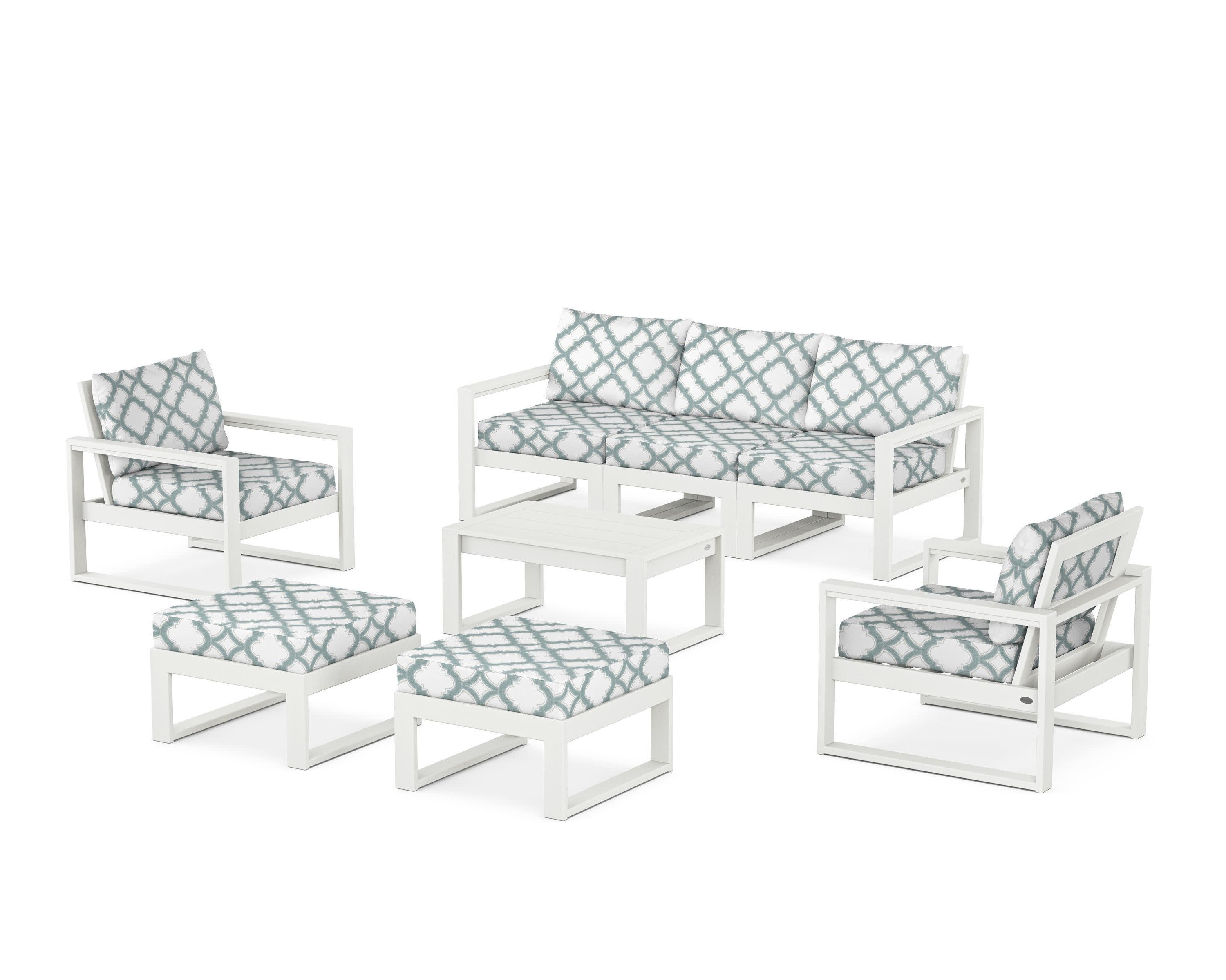 EDGE Sectional 8-Piece Lounge Sofa Set in Vintage White / Trellis Glacier Spa