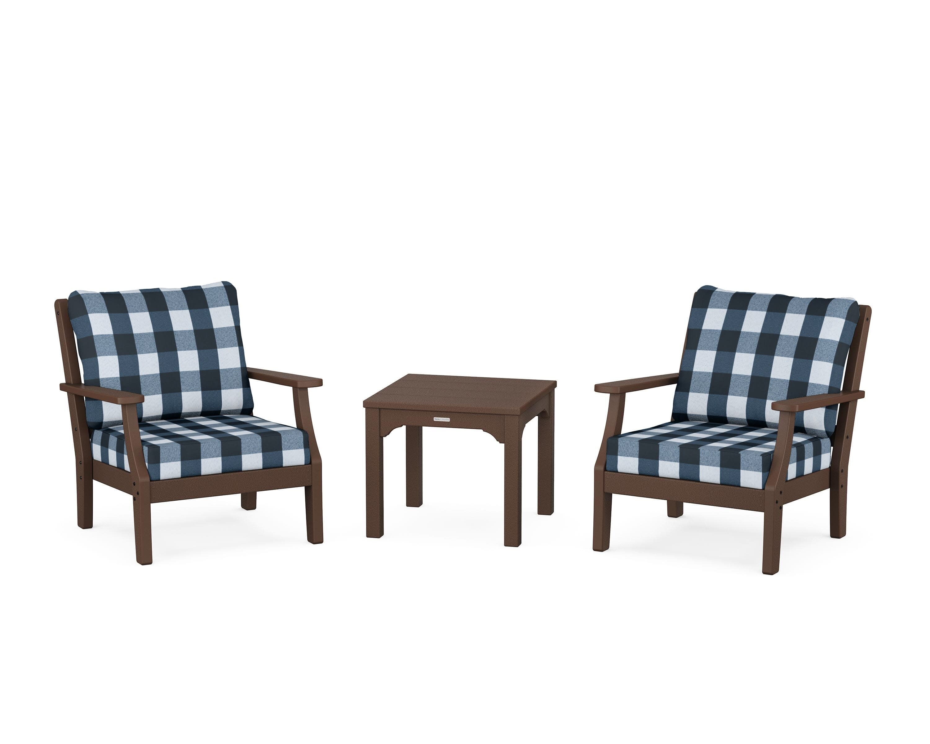 Chinoiserie 3-Piece Deep Seating Set in Mahogany / Buffalo Plaid Marine Indigo