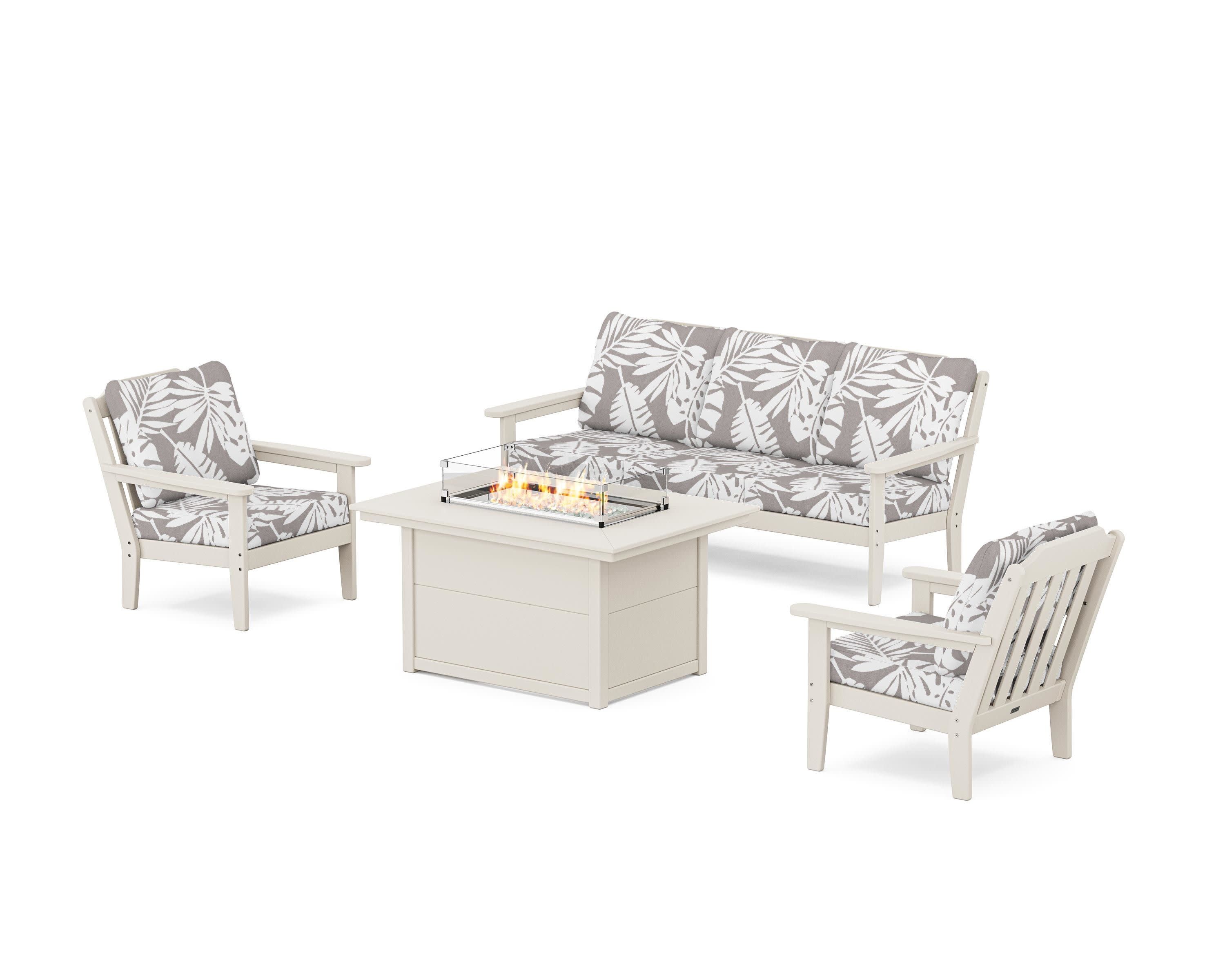 Cottage Deep Seating Fire Pit Table Set in Sand / Leaf Grey Mist