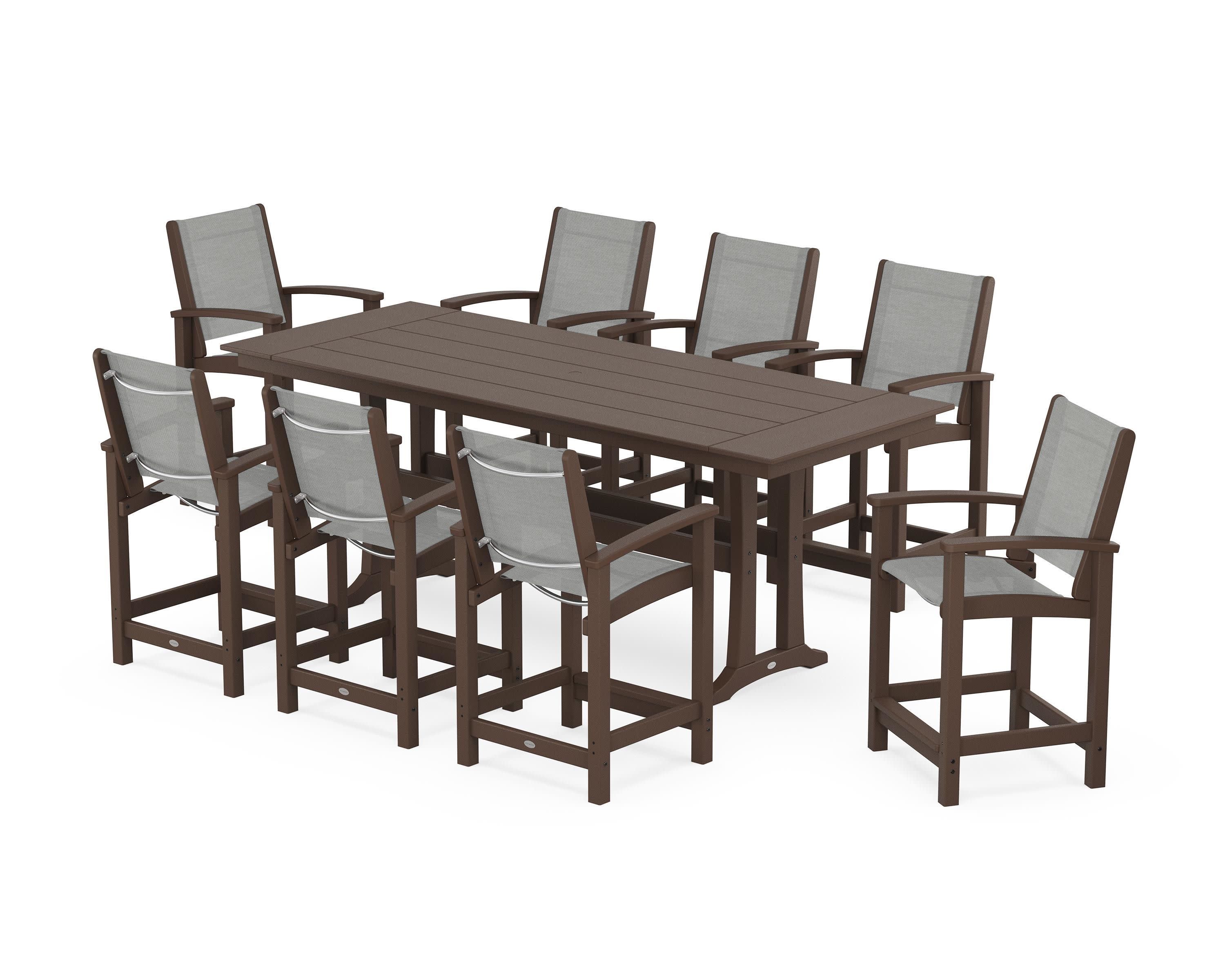 Coastal 9-Piece Farmhouse Counter Set with Trestle Legs in Mahogany / Metallic Sling
