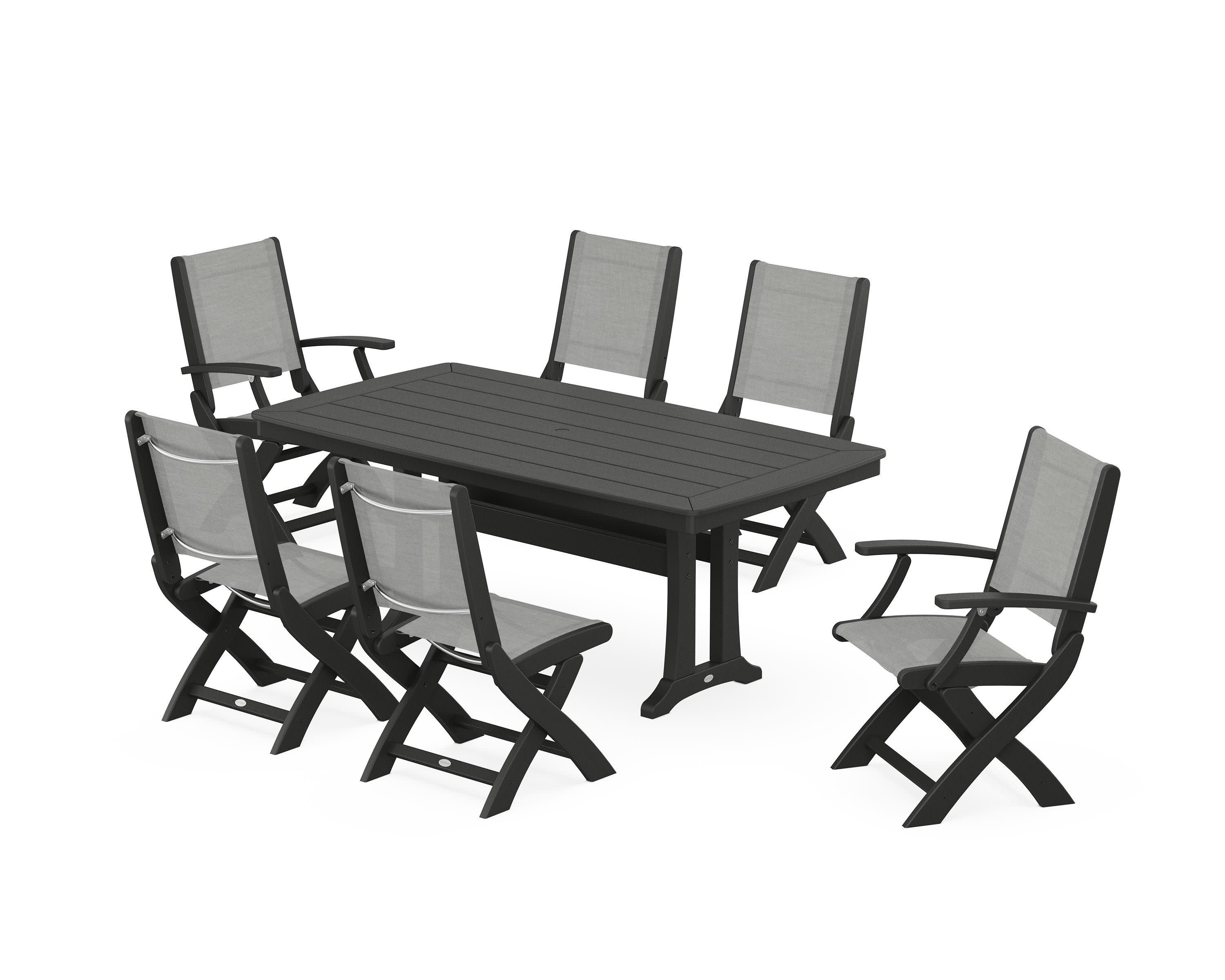 Coastal Folding Chair 7-Piece Dining Set with Trestle Legs in Black / Metallic Sling