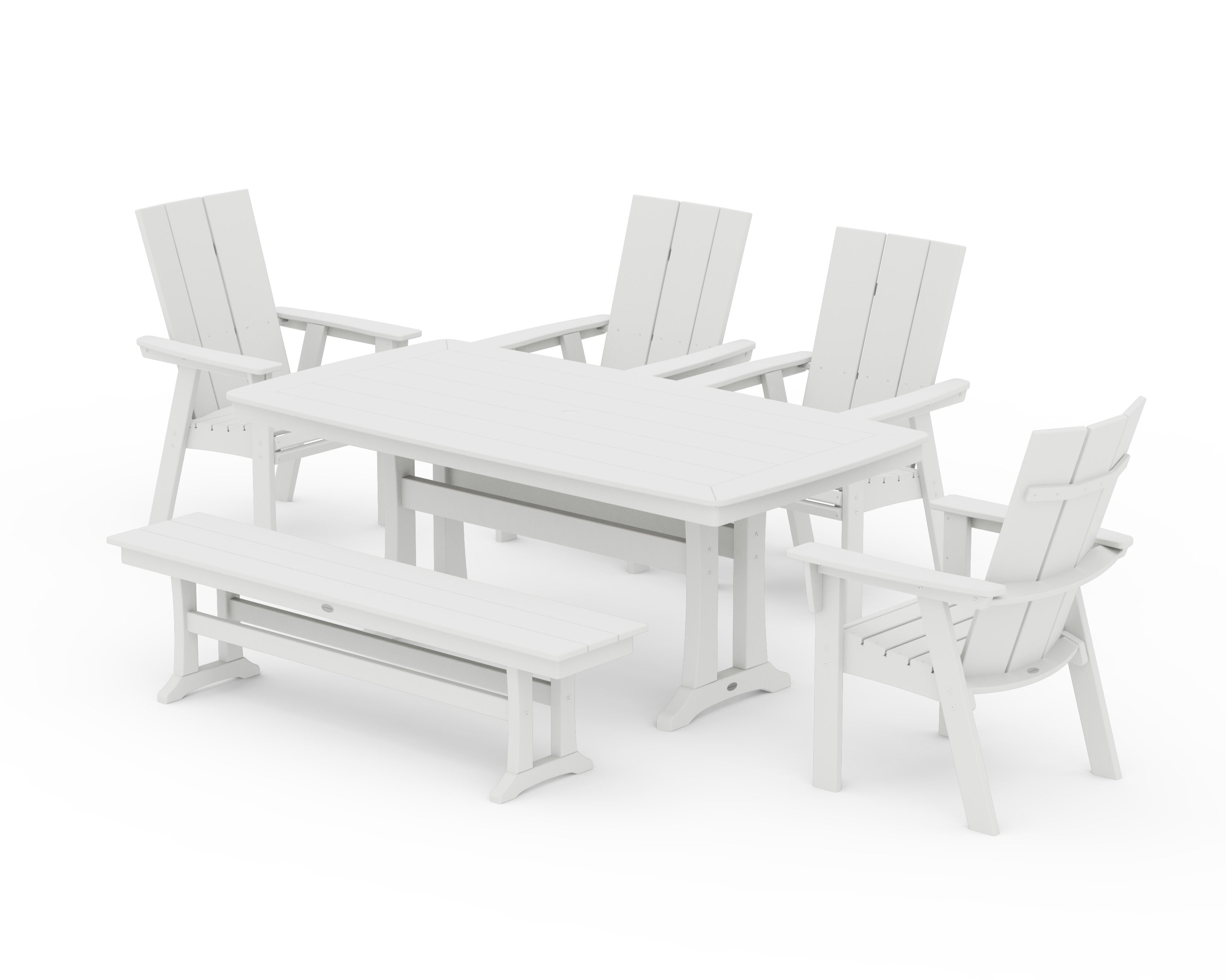 Modern Curveback Adirondack 6-Piece Farmhouse Dining Set with Trestle Legs and Bench in Vintage White