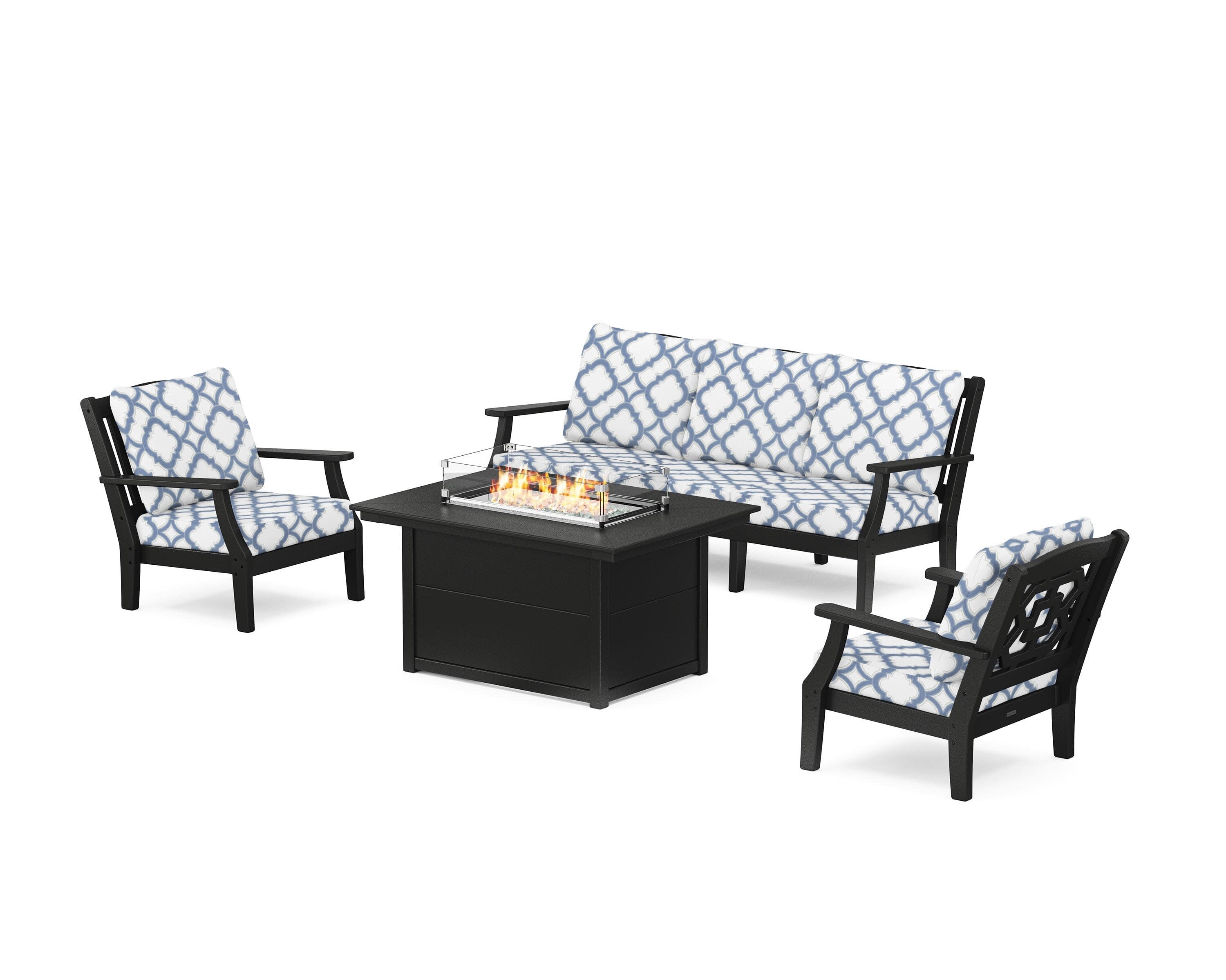 Chinoiserie Deep Seating Fire Pit Table Set in Black / Trellis Sky Blue