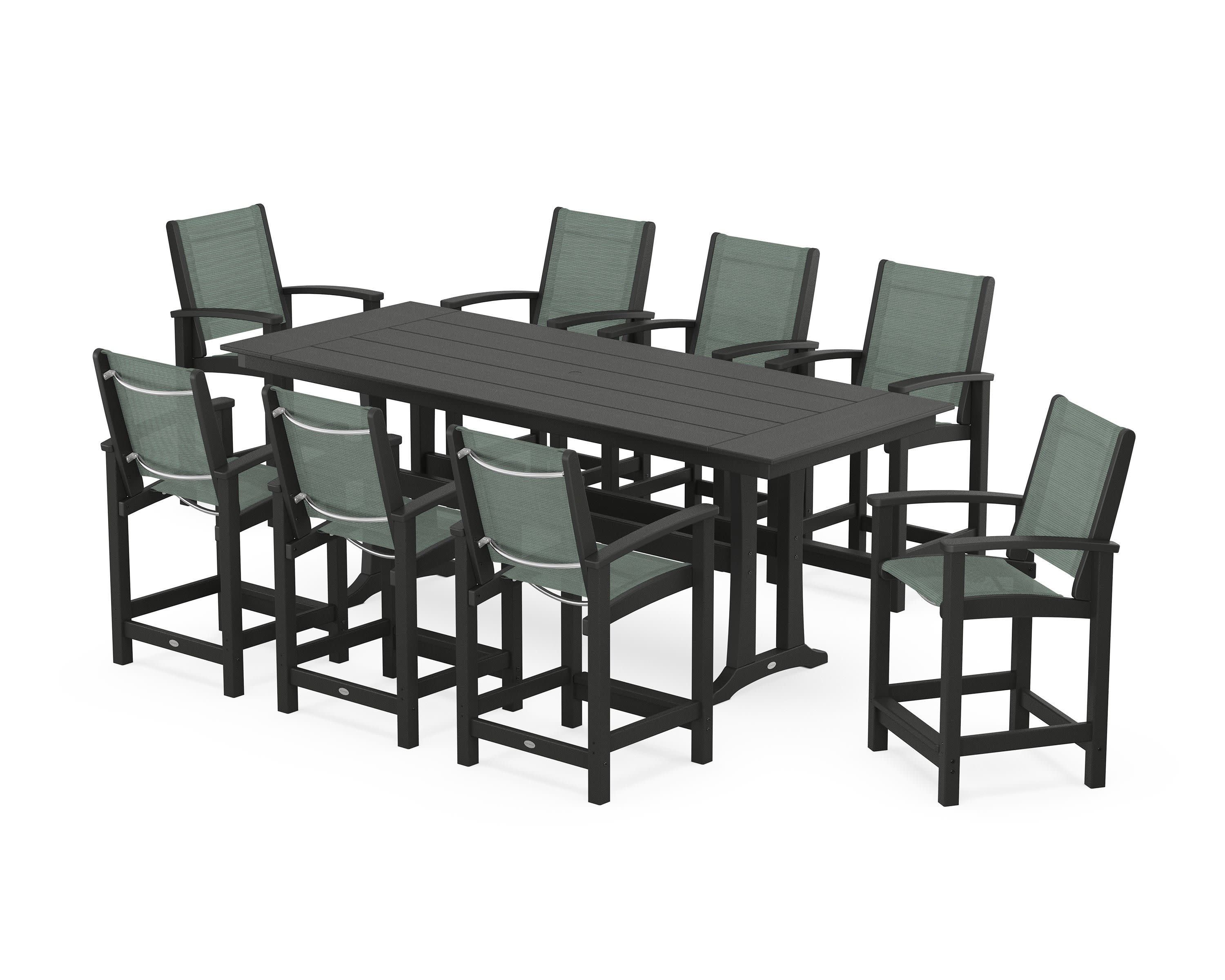 Coastal 9-Piece Farmhouse Counter Set with Trestle Legs in Black / Dupioni Sea Mist Sling