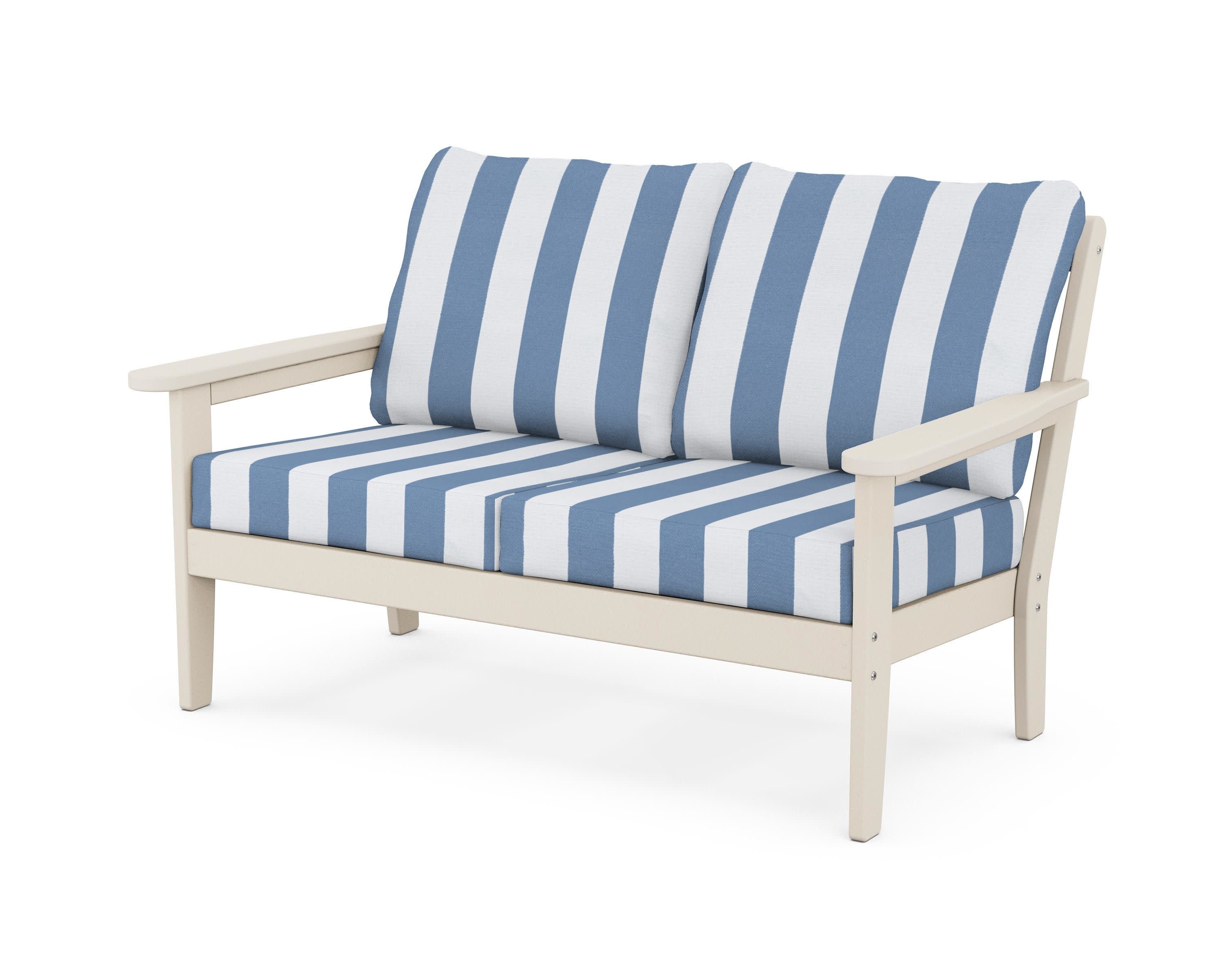 Cottage Deep Seating Loveseat in Sand / Cabana Stripe Sky Blue