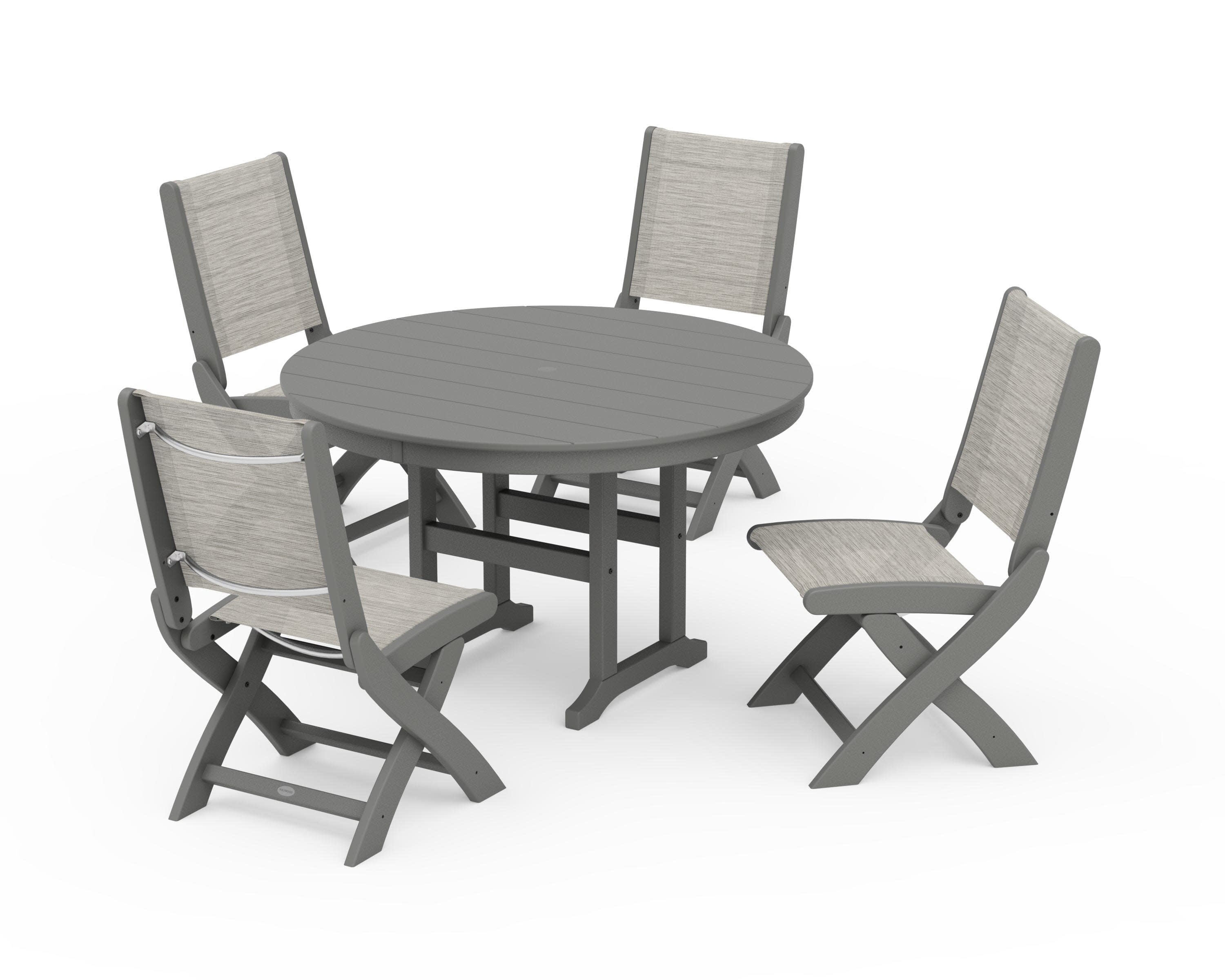 Coastal Folding Side Chair 5-Piece Round Dining Set in Slate Grey / Birch Sling
