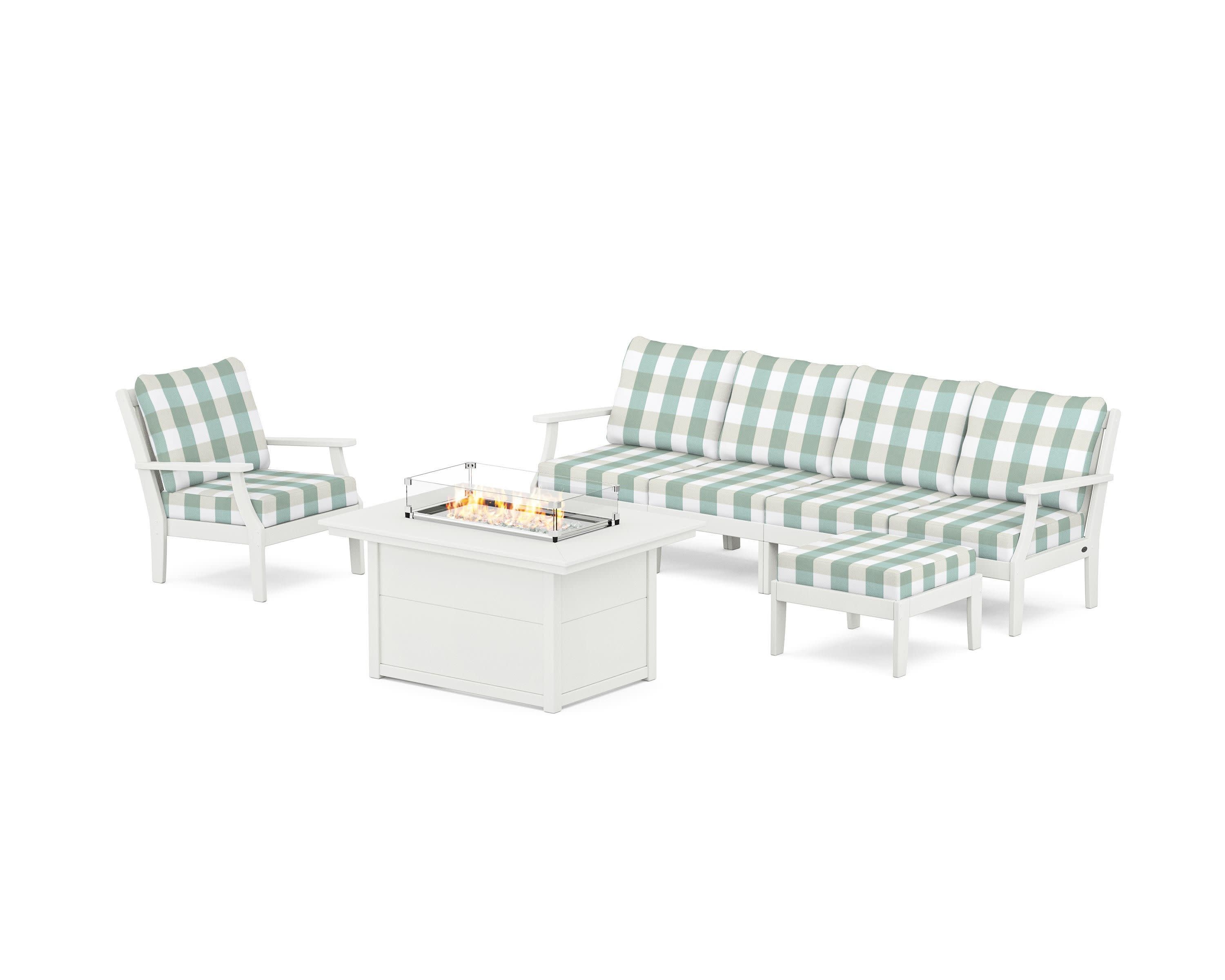 Braxton Sectional Lounge and Fire Pit Set in Vintage White / Buffalo Plaid Glacier Spa