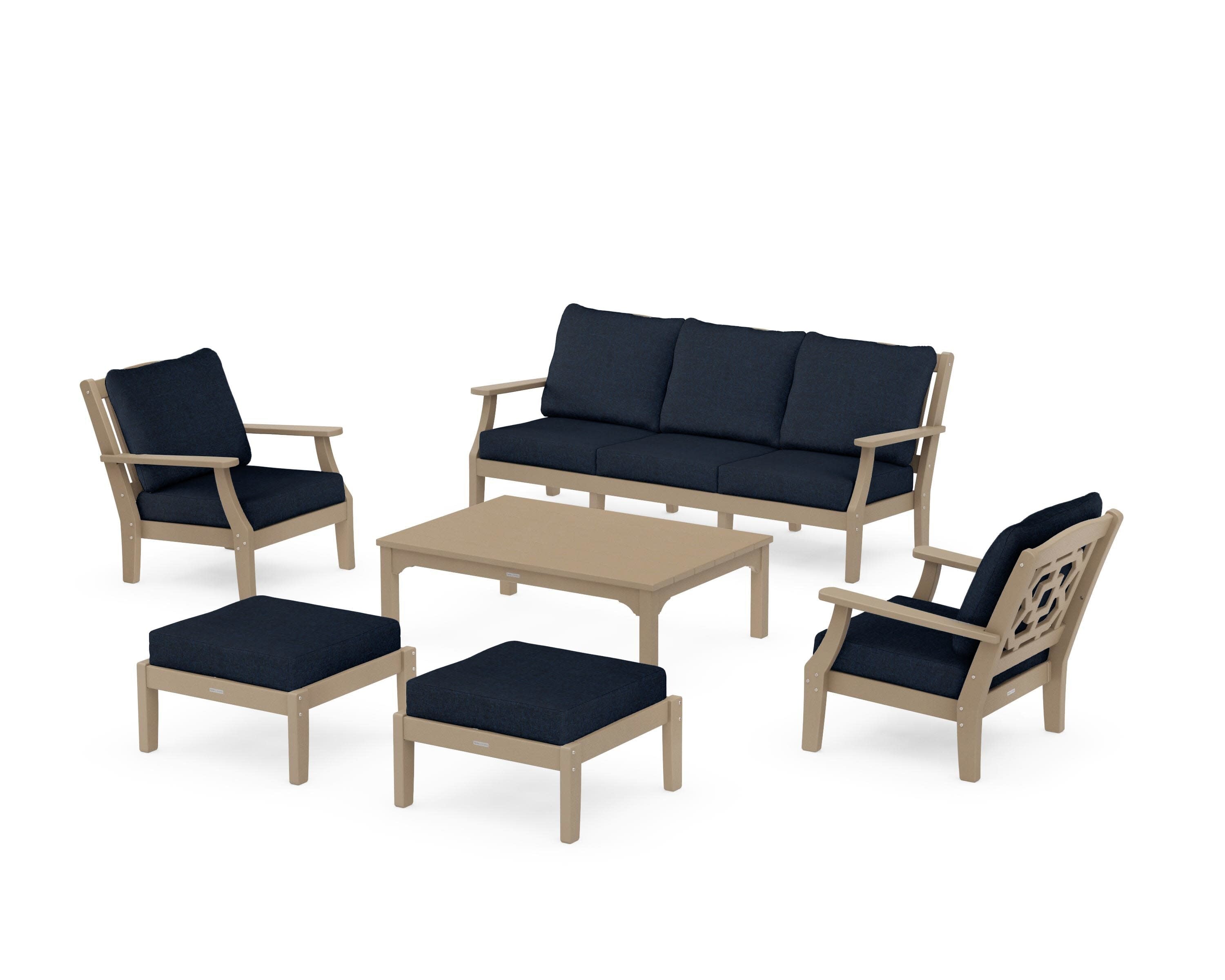 Chinoiserie 6-Piece Lounge Sofa Set in Vintage Sahara / Marine Indigo