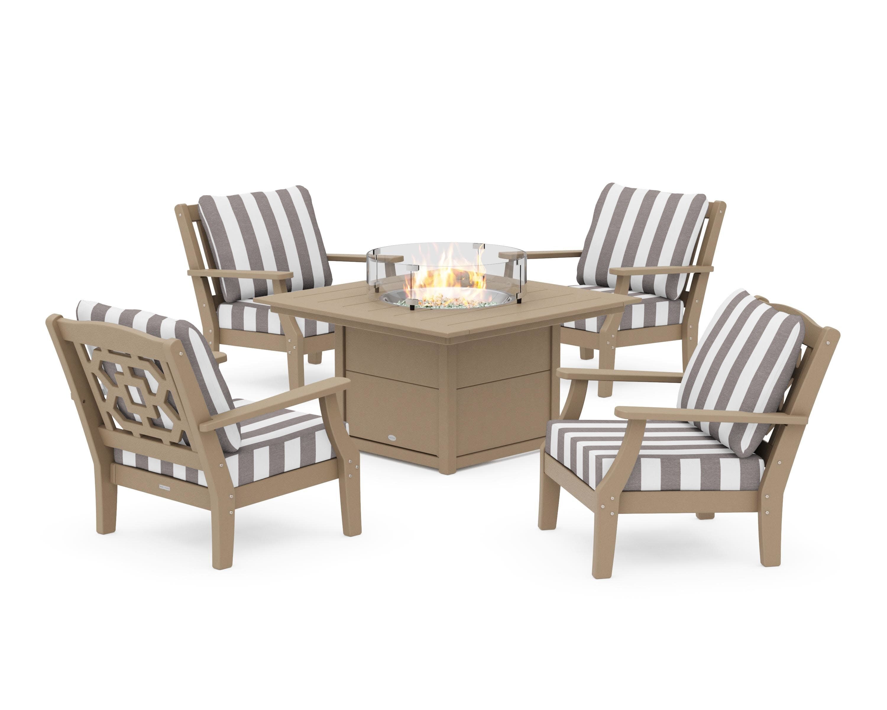 Chinoiserie 5-Piece Deep Seating Set with Fire Pit Table in Vintage Sahara / Cabana Stripe Grey Mist