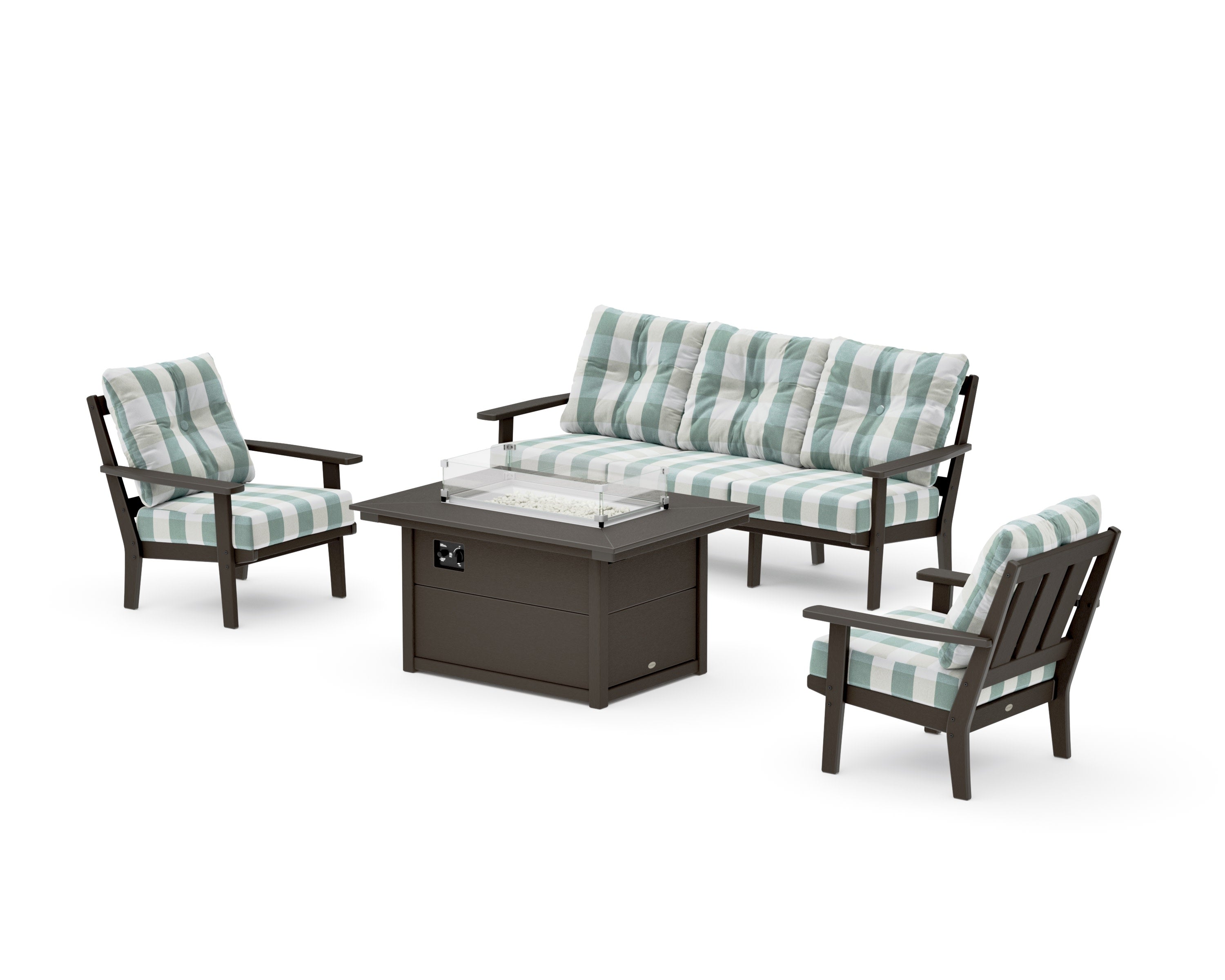 Oxford Deep Seating Fire Pit Table Set in Vintage Coffee / Buffalo Plaid Glacier Spa
