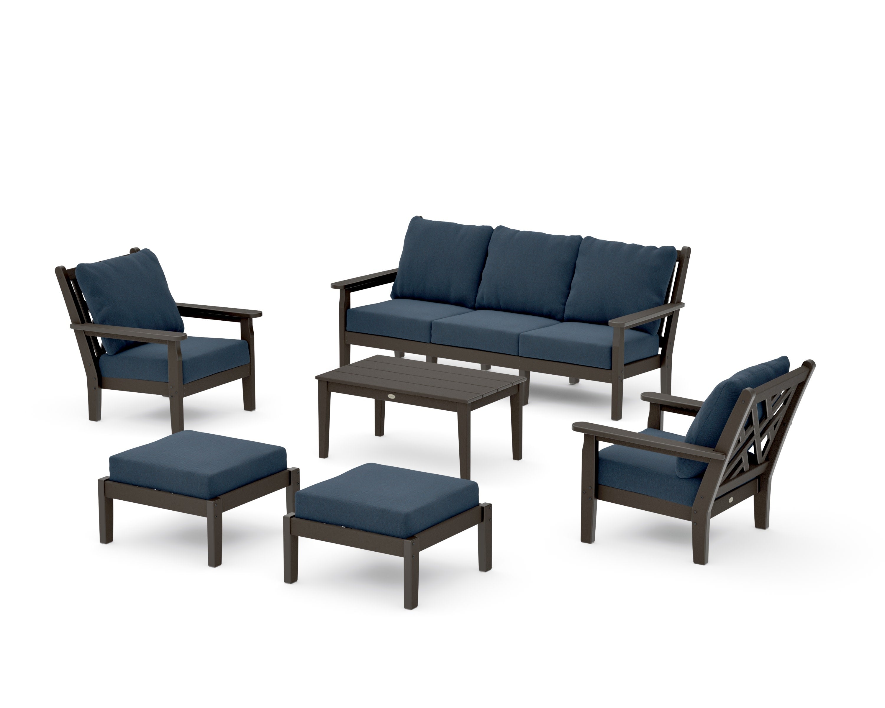 Chippendale 6-Piece Lounge Sofa Set in Vintage Coffee / Marine Indigo