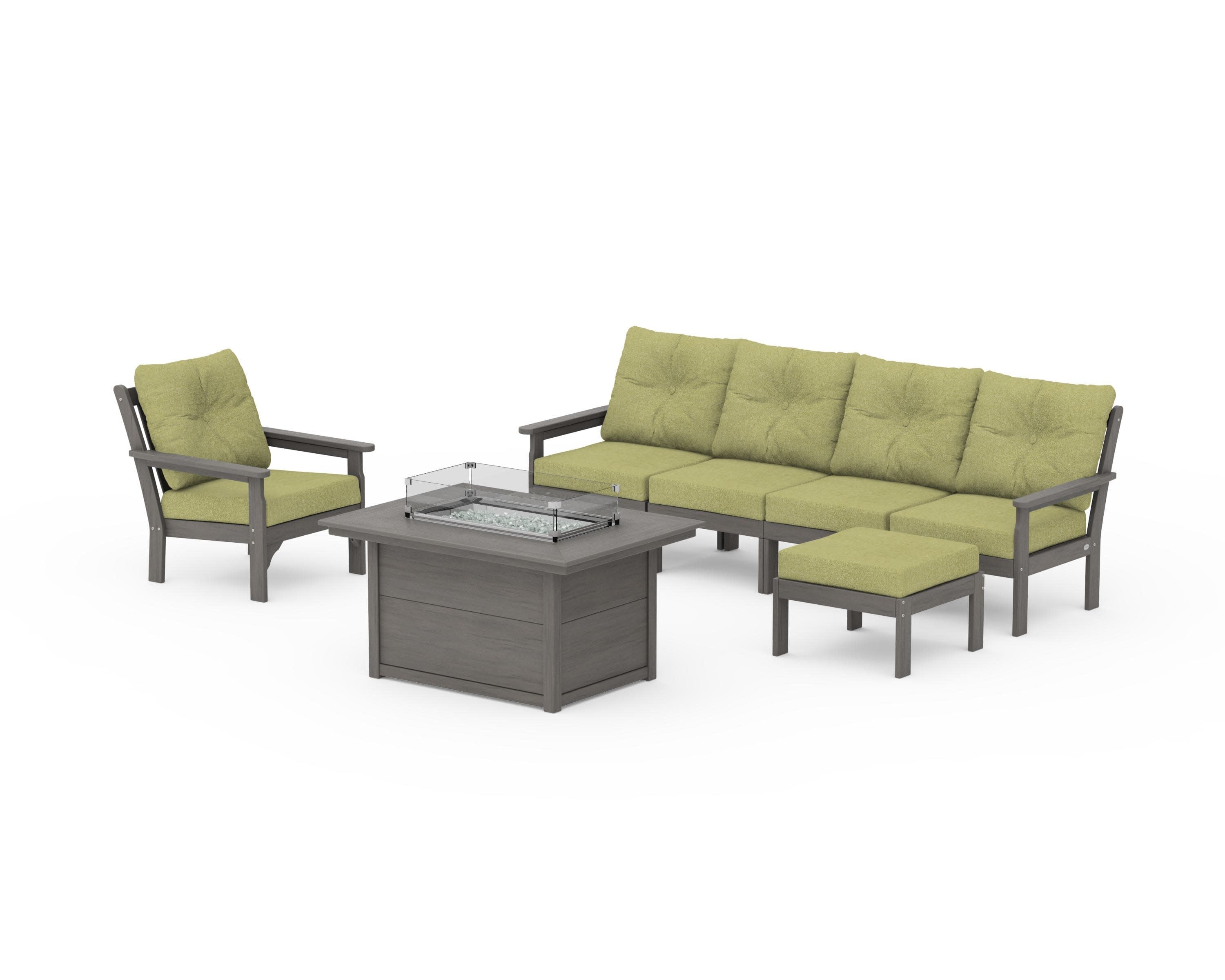 Vineyard Sectional Lounge and Fire Pit Set in Driftwood / Chartreuse Boucle