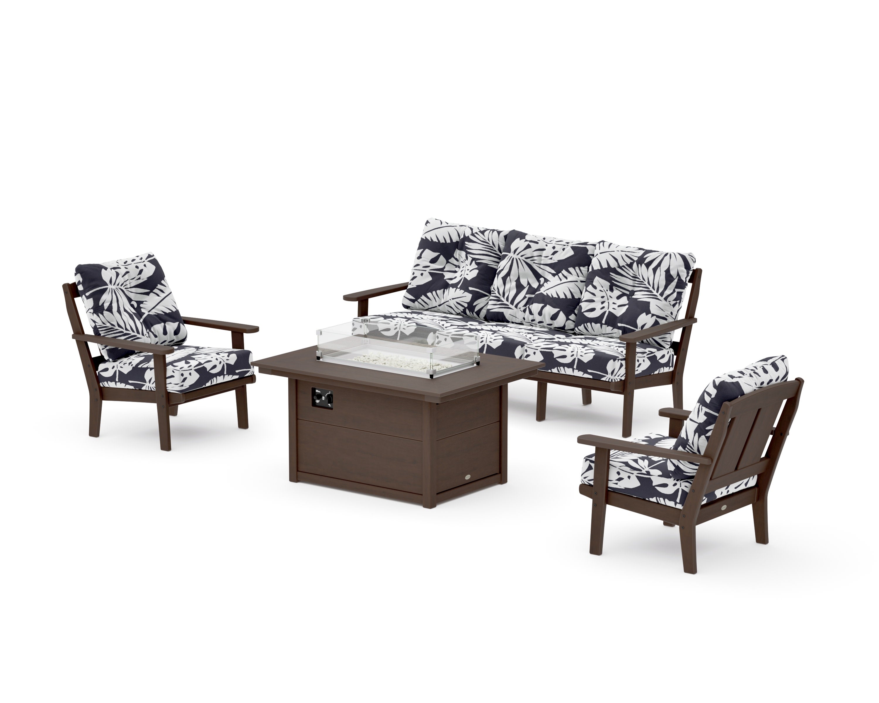 Mission Deep Seating Fire Pit Table Set in Kona / Leaf Navy