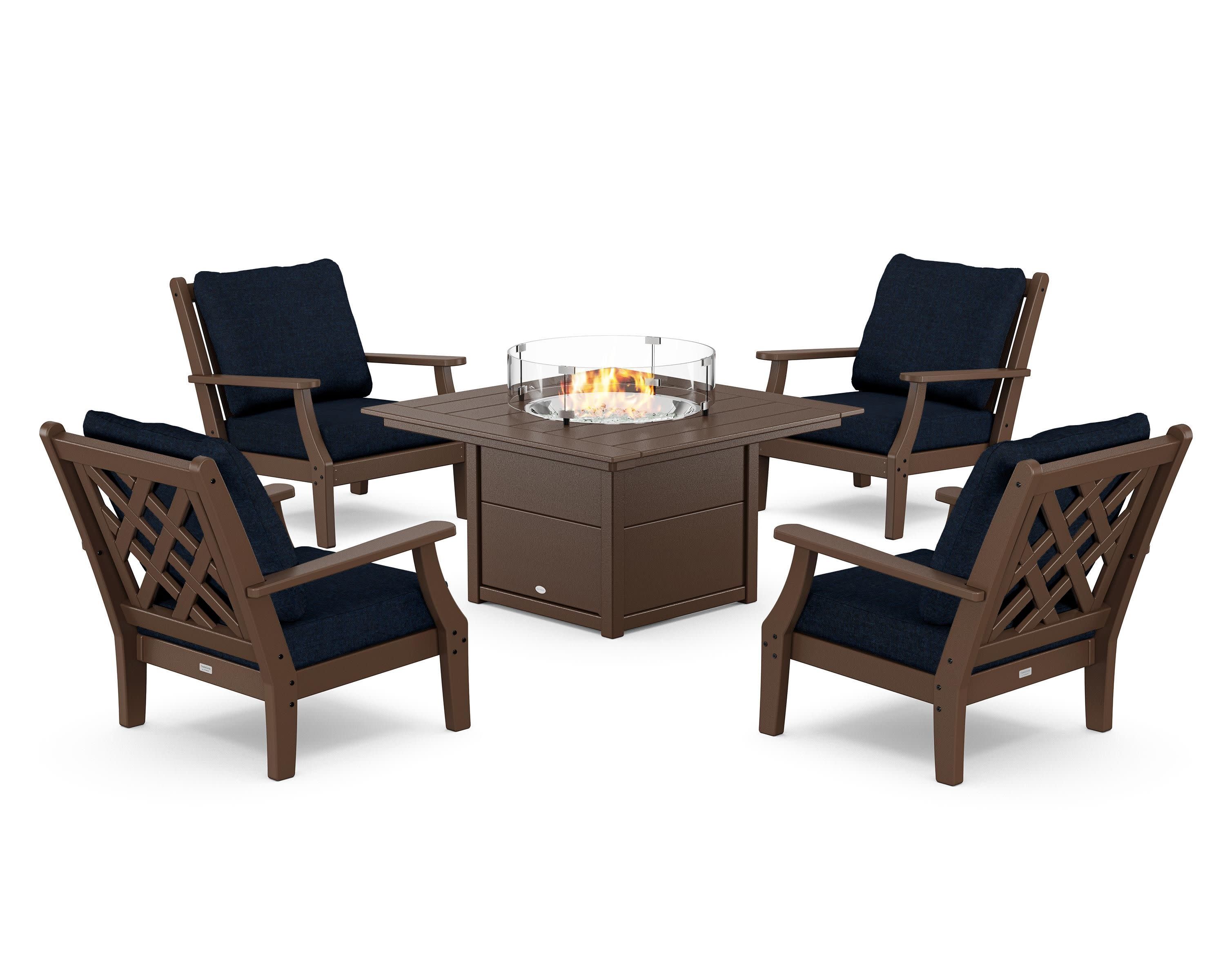 Wovendale 5-Piece Deep Seating Set with Fire Pit Table in Mahogany / Marine Indigo