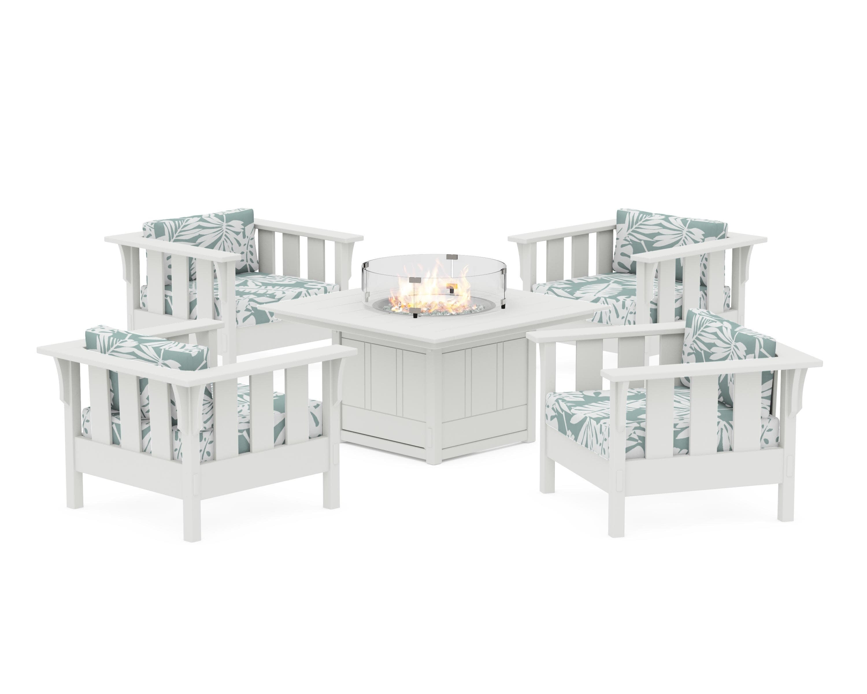 Acadia 5-Piece Deep Seating Set with Fire Pit Table in Vintage White / Leaf Glacier Spa