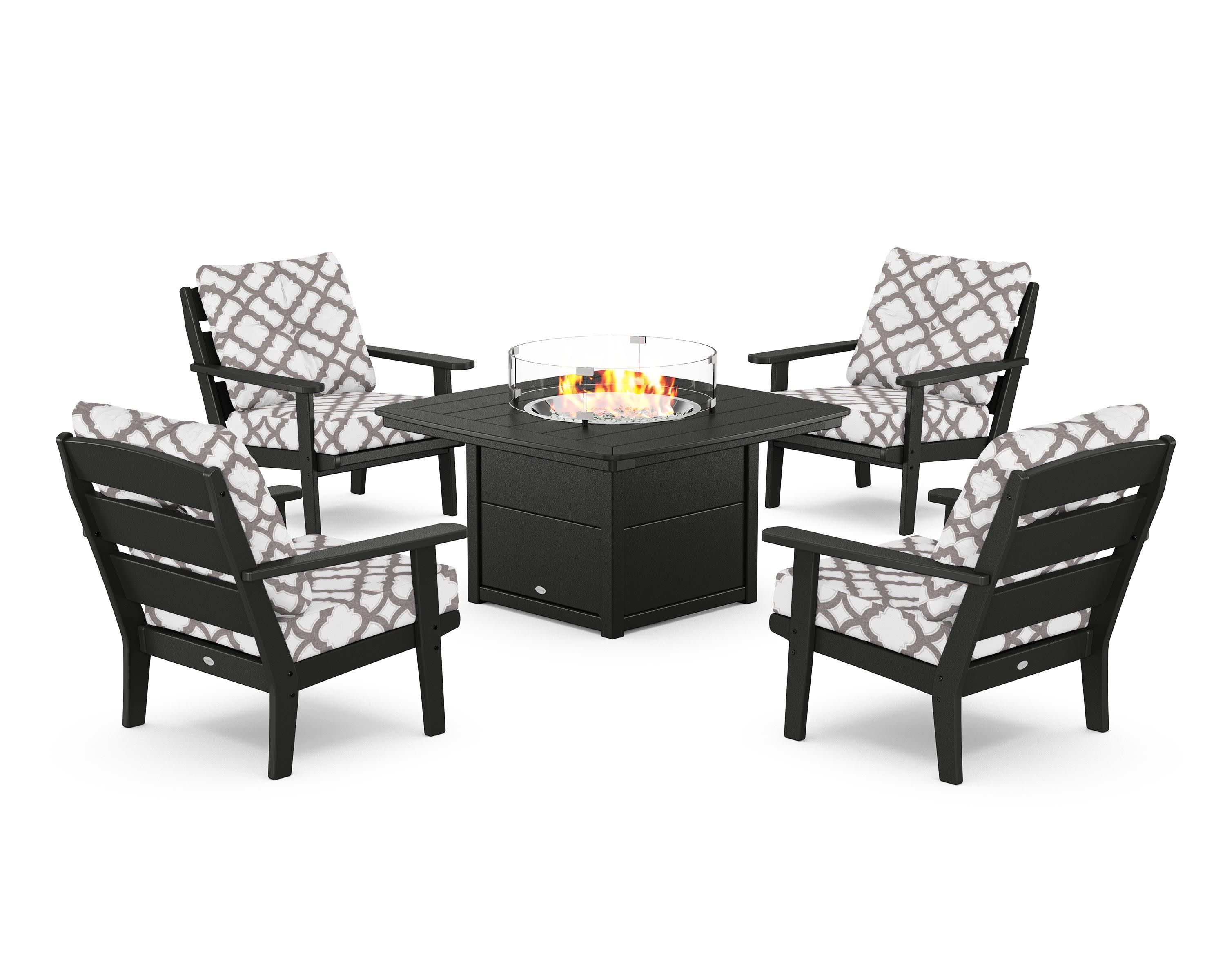 Lakeside 5-Piece Deep Seating Set with Nautical Fire Pit Table in Black / Trellis Grey Mist