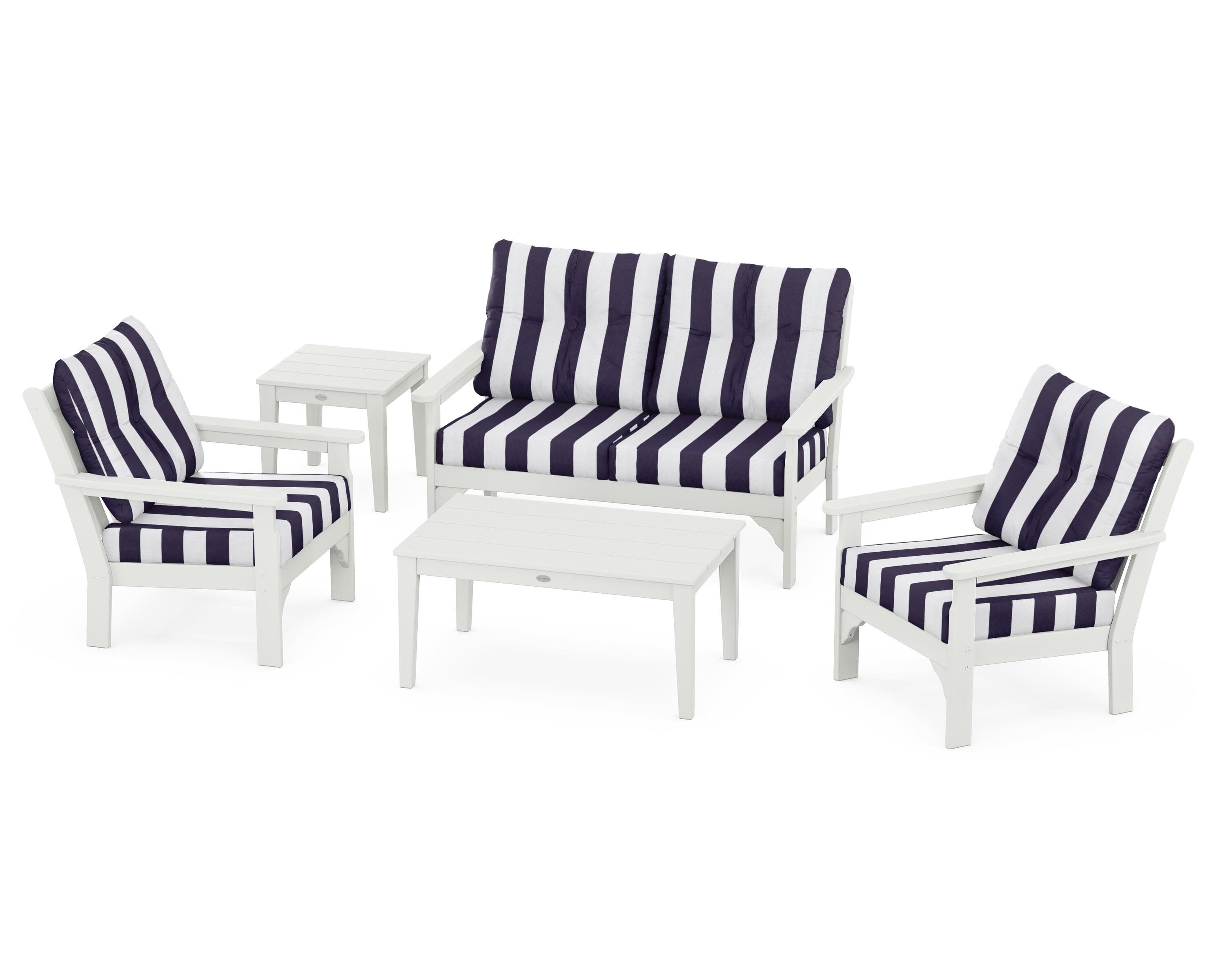 Vineyard 5-Piece Deep Seating Set in Vintage White / Cabana Stripe Navy