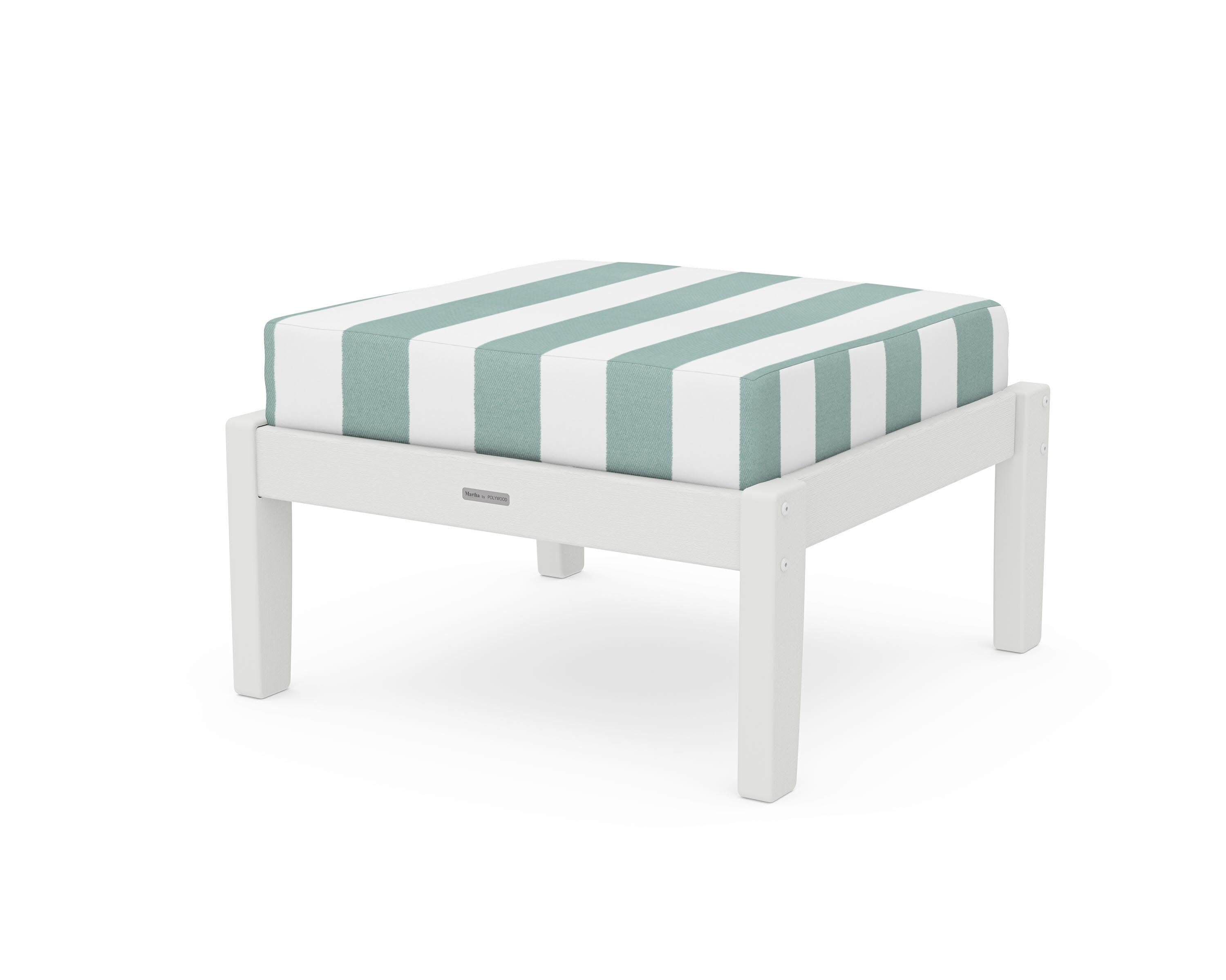 Chinoiserie Deep Seating Ottoman in Vintage White / Cabana Stripe Glacier Spa