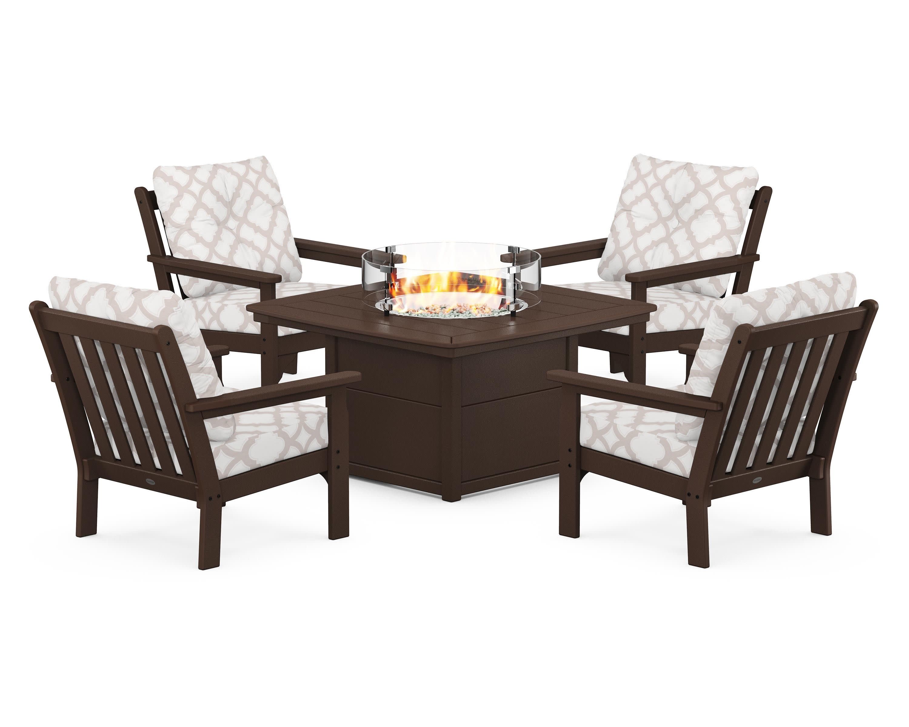 Vineyard 5-Piece Conversation Set with Fire Pit Table in Mahogany / Trellis Dune Burlap