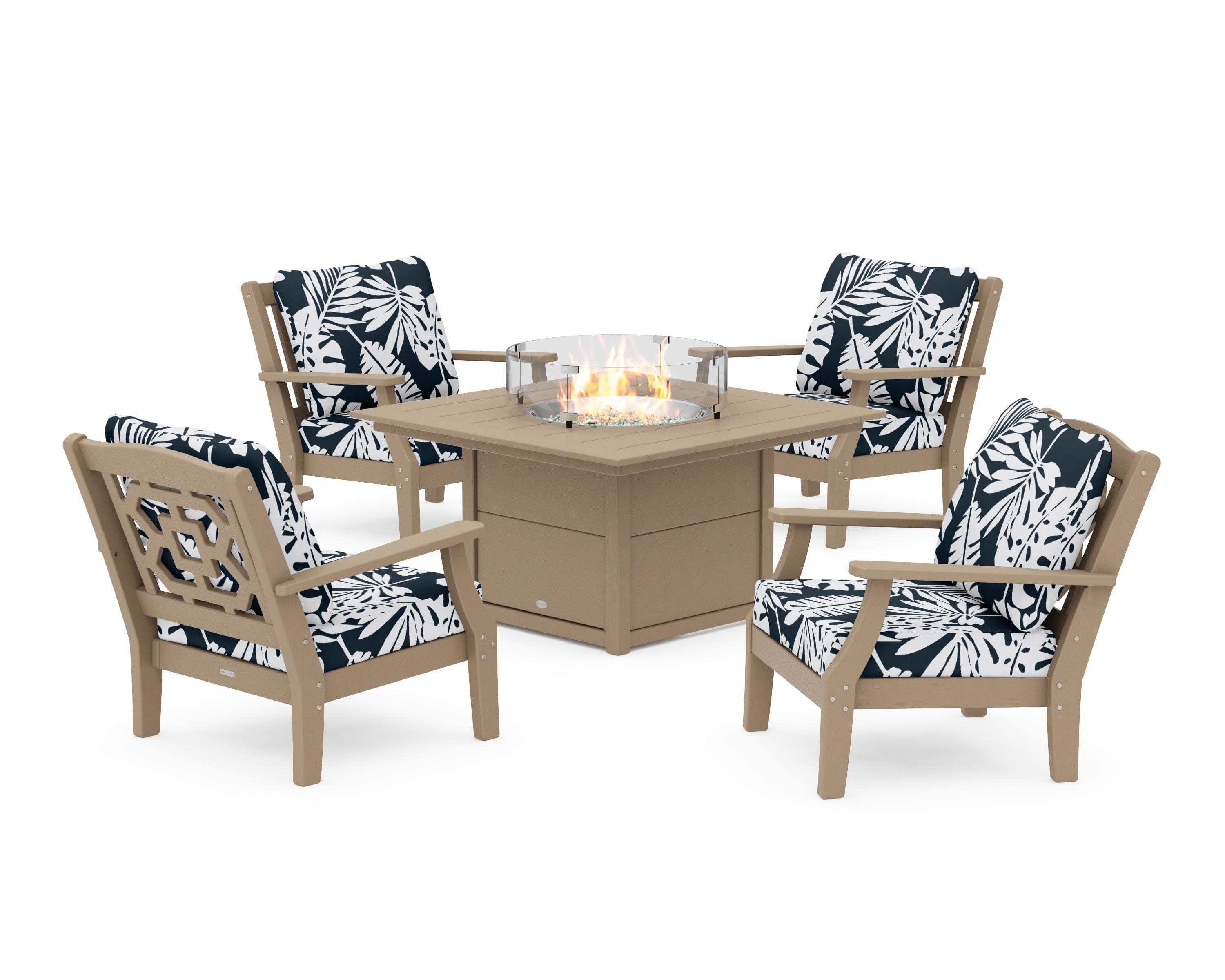 Chinoiserie 5-Piece Deep Seating Set with Fire Pit Table in Vintage Sahara / Leaf Marine Indigo