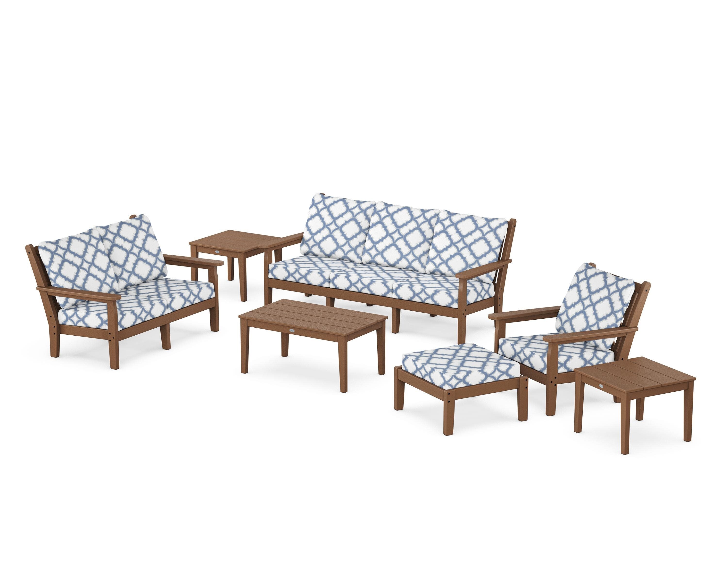 Chippendale 7-Piece Deep Seating Set in Teak / Trellis Sky Blue