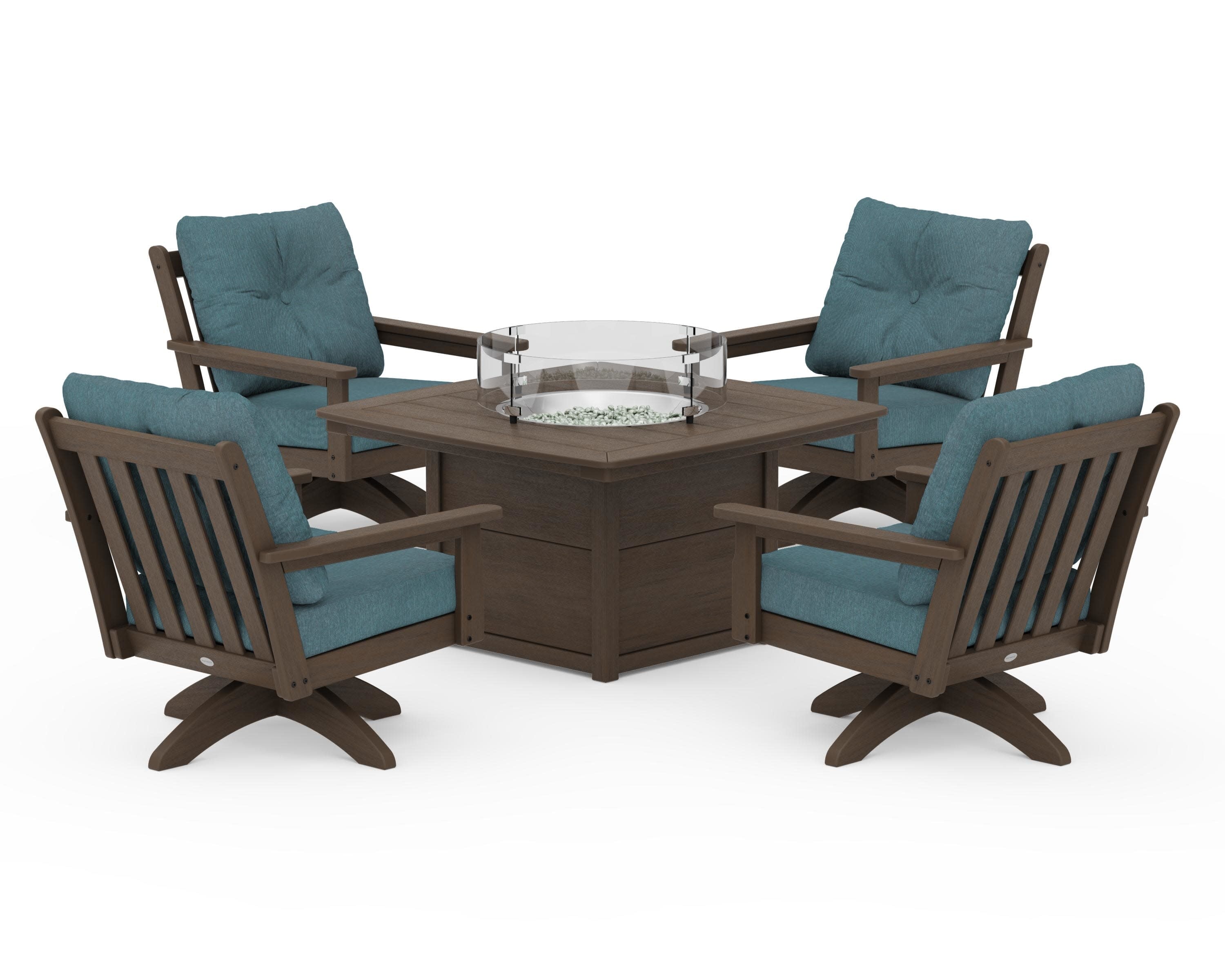 Vineyard 5-Piece Deep Seating Swivel Conversation Set with Fire Pit Table in Kona / Ocean Teal