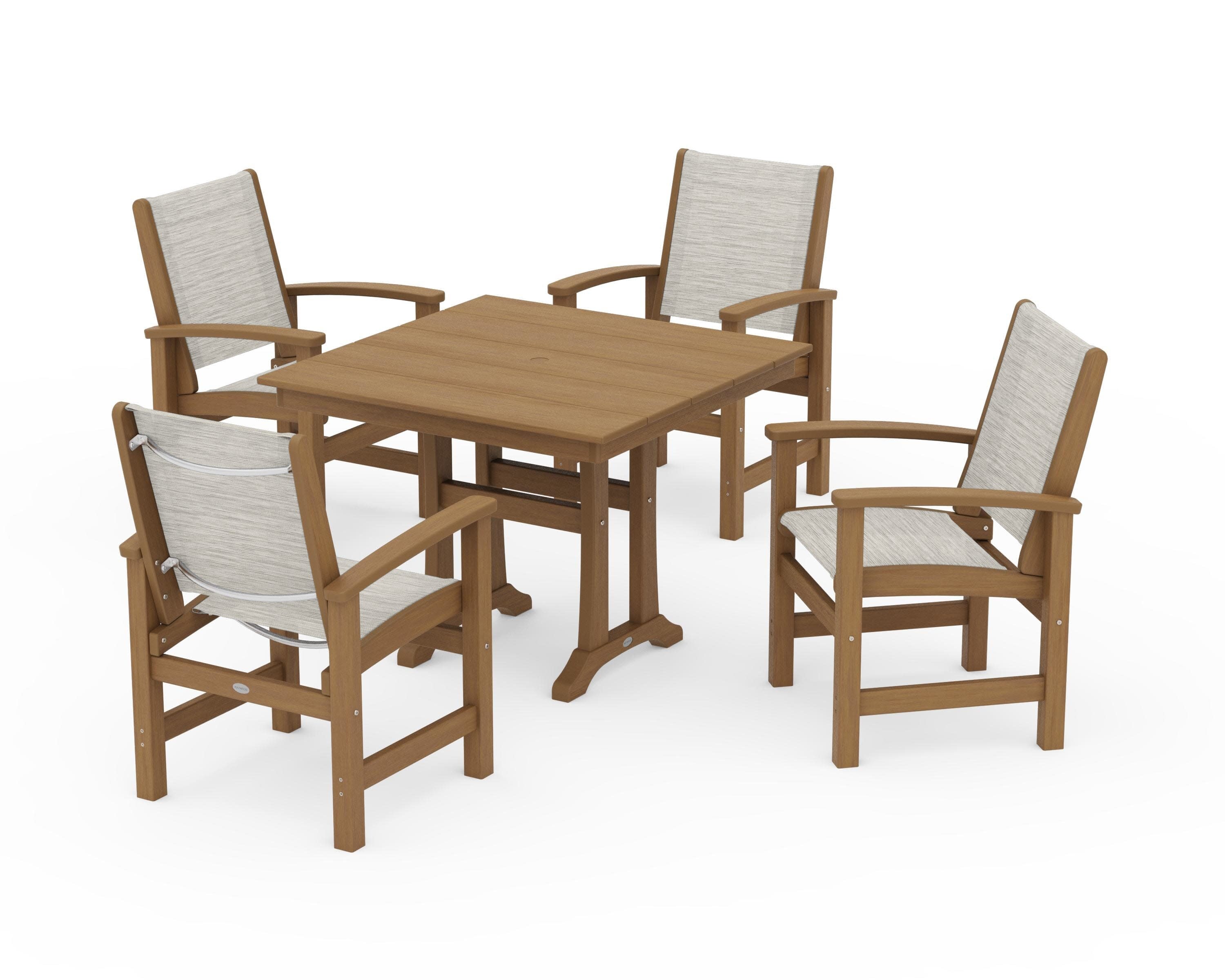 Coastal 5-Piece Farmhouse Dining Set With Trestle Legs in Natural / Birch Sling