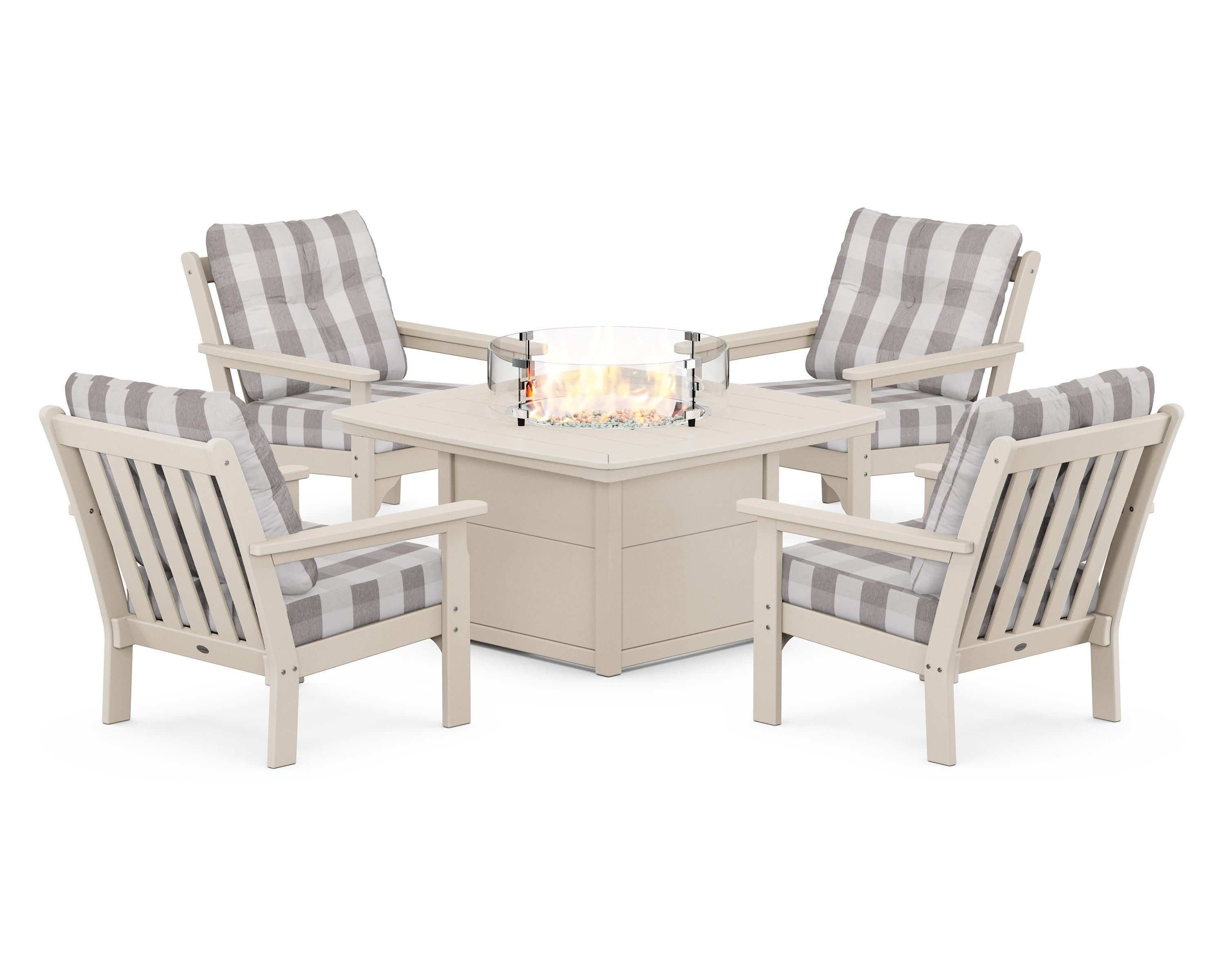 Vineyard 5-Piece Conversation Set with Fire Pit Table in Sand / Buffalo Plaid Grey Mist