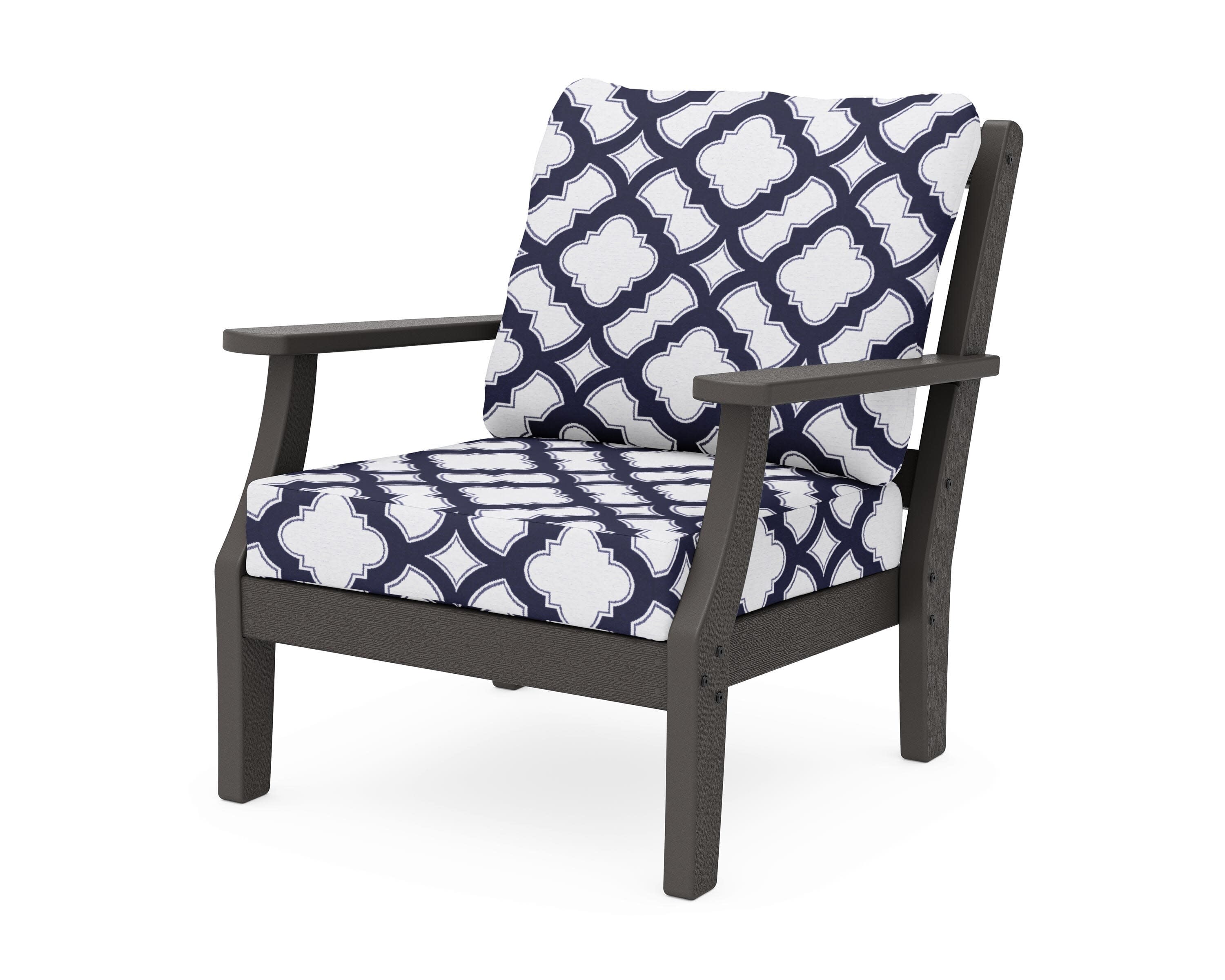 Chinoiserie Deep Seating Chair in Vintage Coffee / Trellis Navy