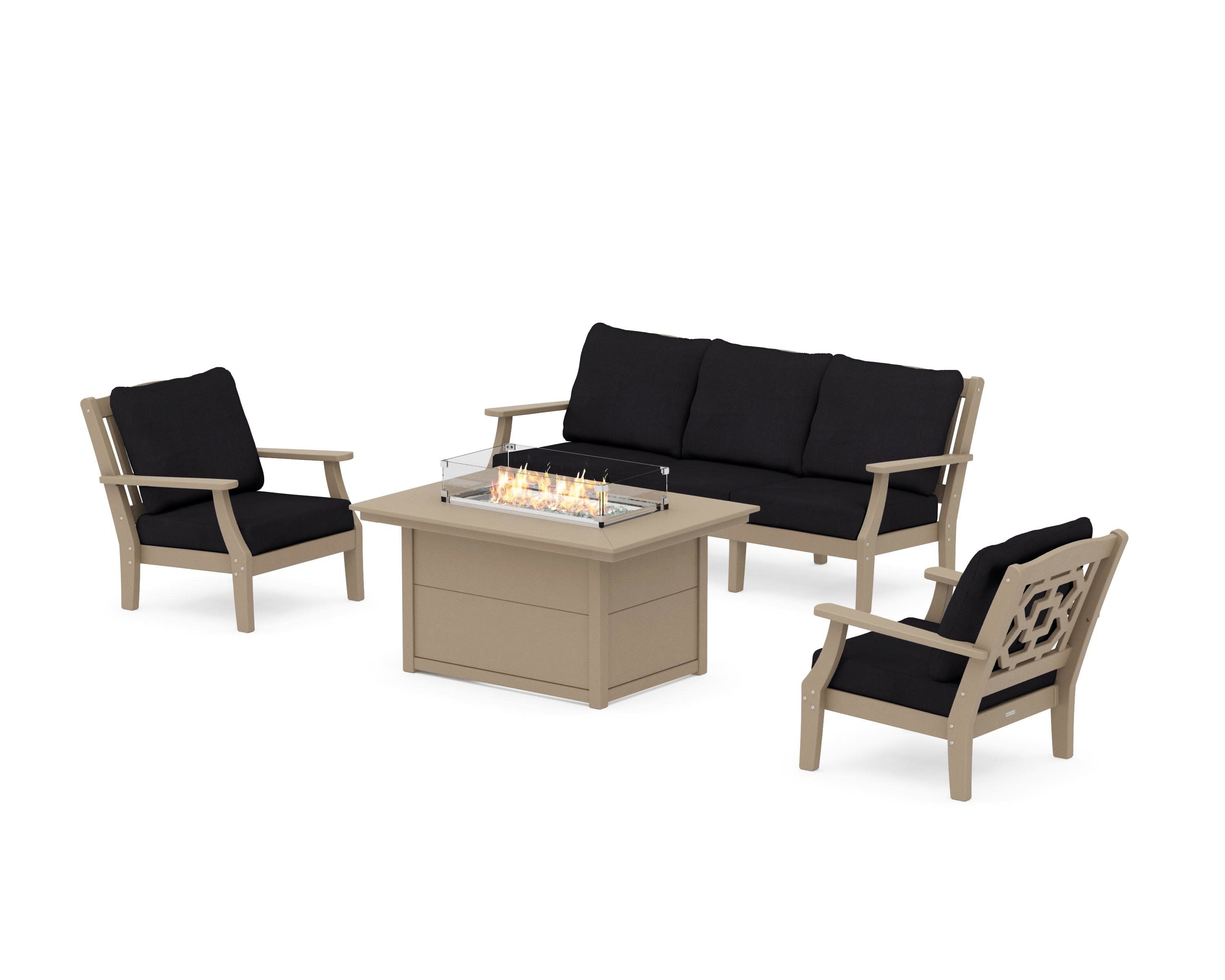 Chinoiserie Deep Seating Fire Pit Table Set in Vintage Sahara / Midnight Linen