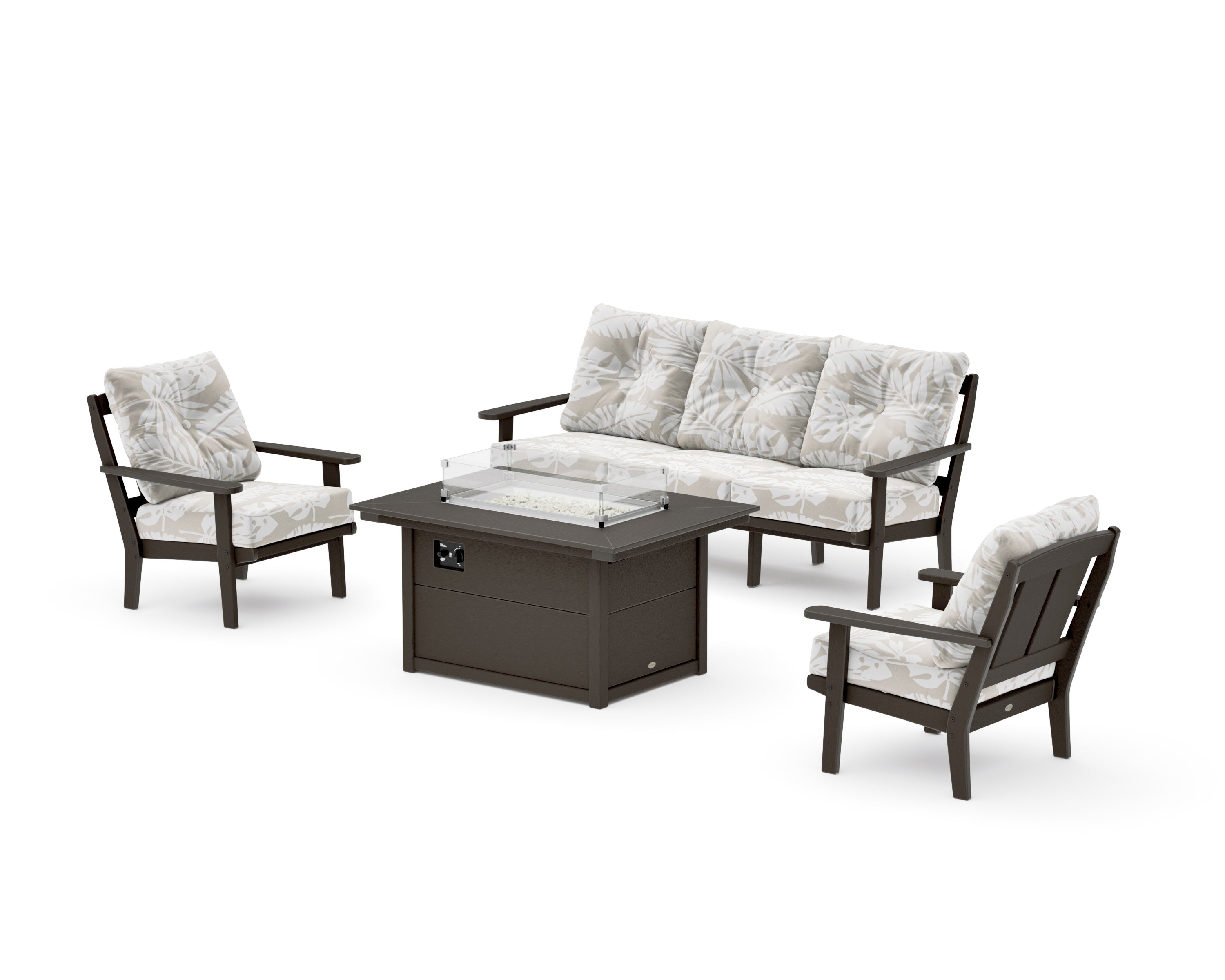 Mission Deep Seating Fire Pit Table Set in Vintage Coffee / Leaf Dune Burlap