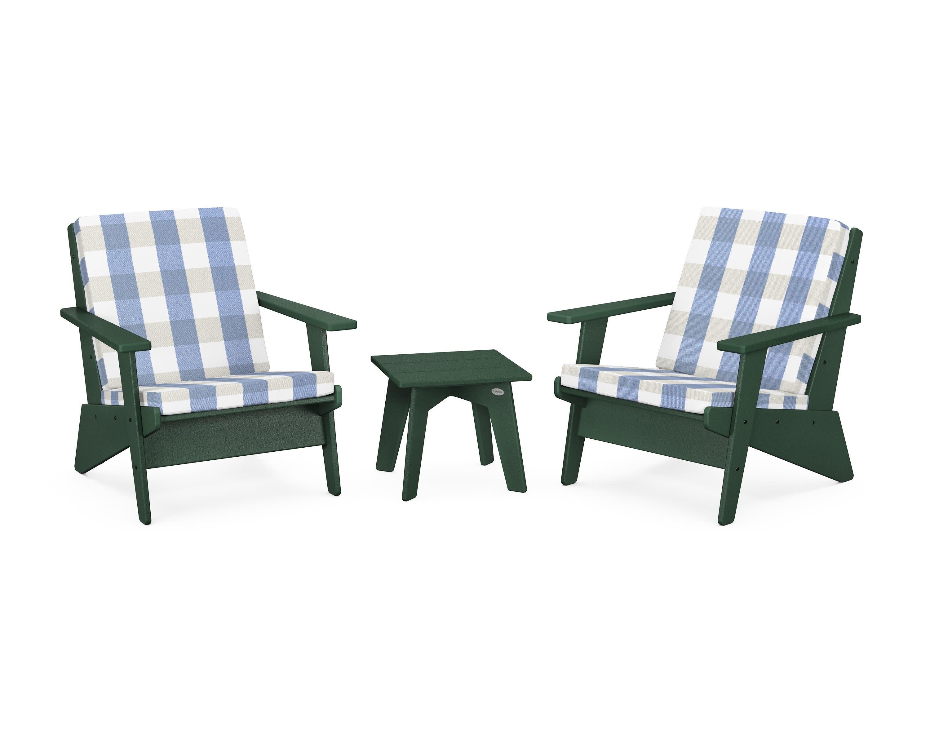 Riviera Modern Lounge 3-Piece Set in Green / Buffalo Plaid Sky Blue