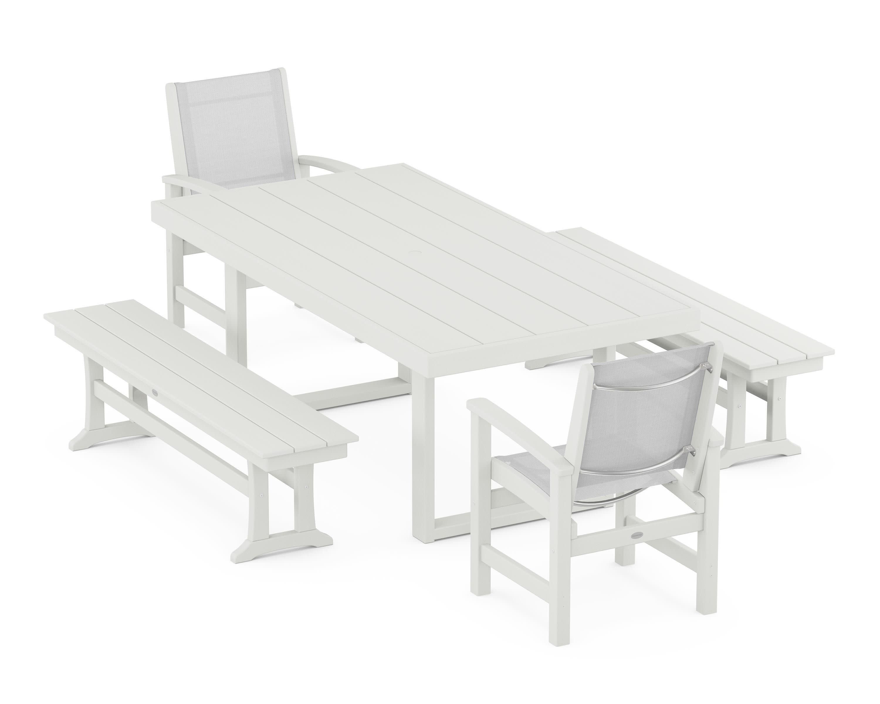 Coastal 5-Piece Dining Set with Trestle Legs in Vintage White / White Sling