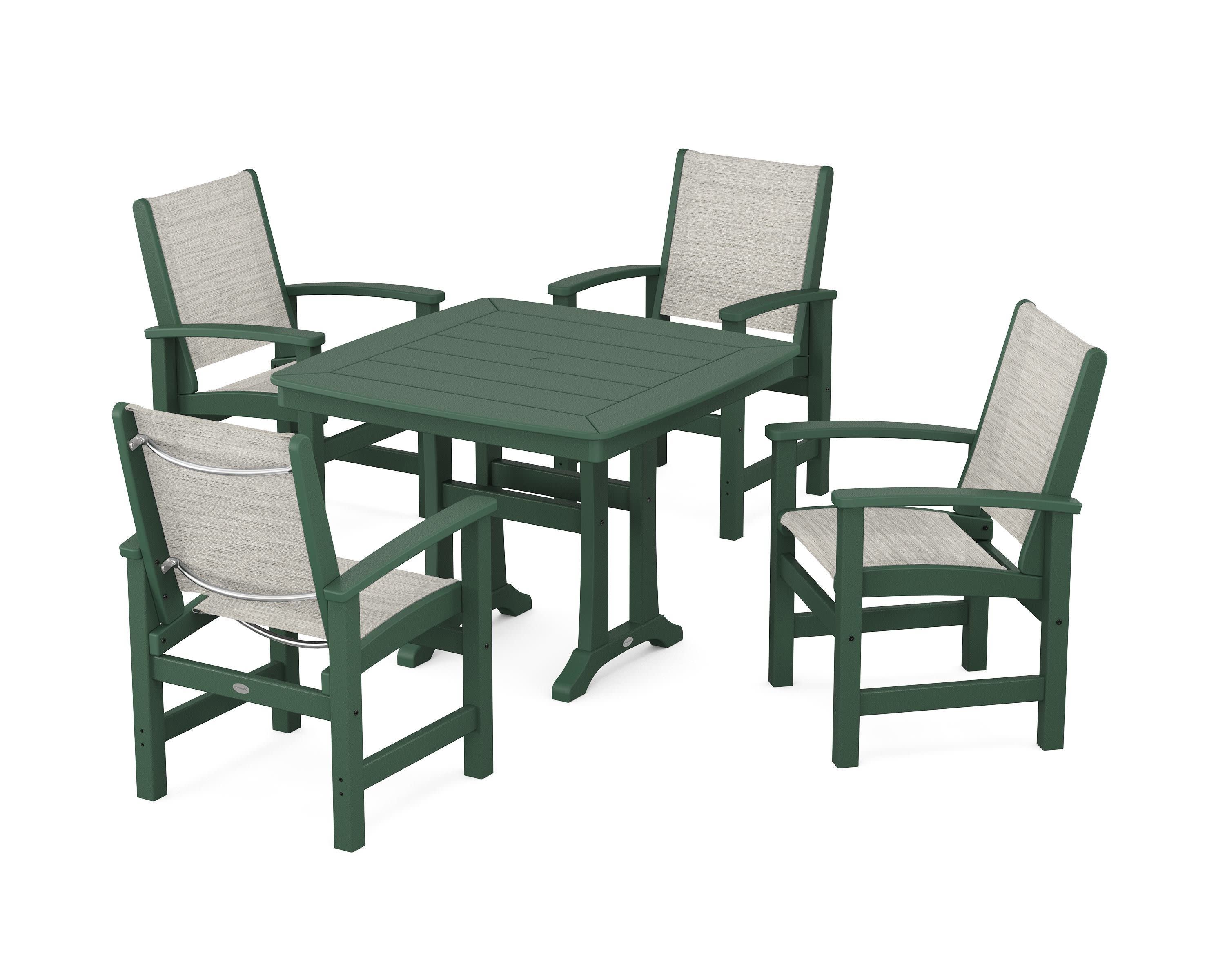 Coastal 5-Piece Dining Set with Trestle Legs in Green / Birch Sling