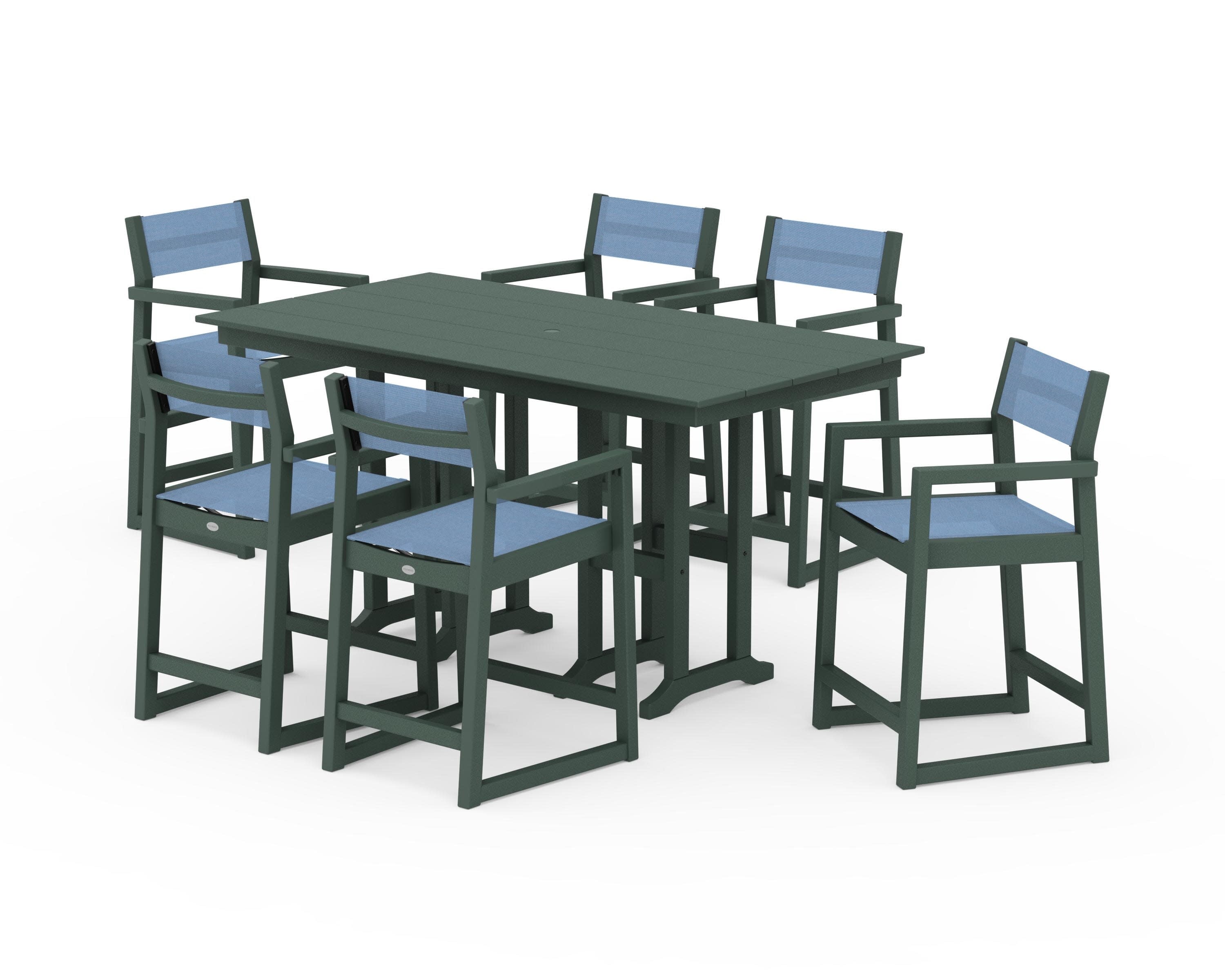 EDGE Sling Arm Chair 7-Piece Farmhouse Counter Set in Green / Poolside Sling
