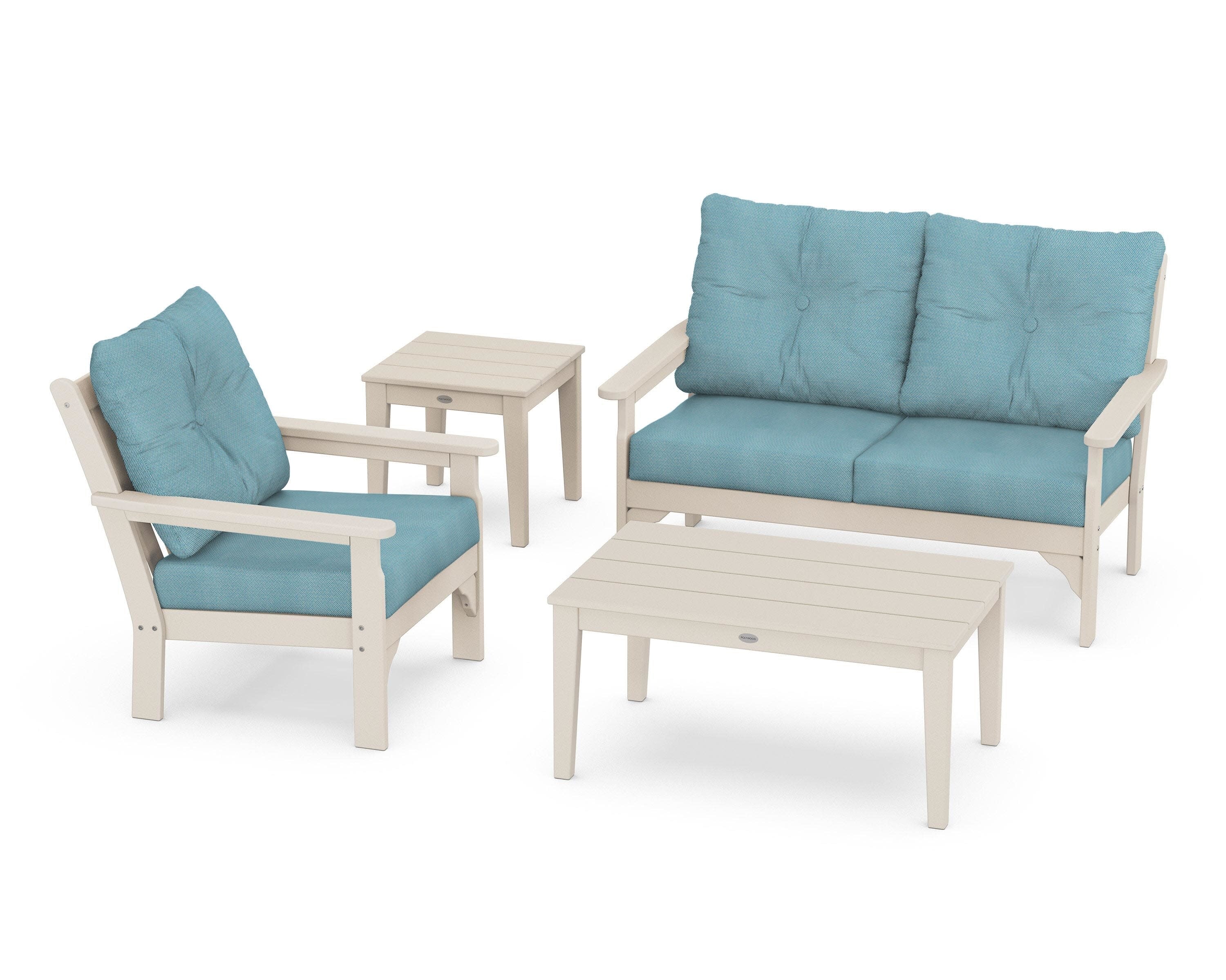 Vineyard 4-Piece Deep Seating Set in Sand / Lattice Sky Blue