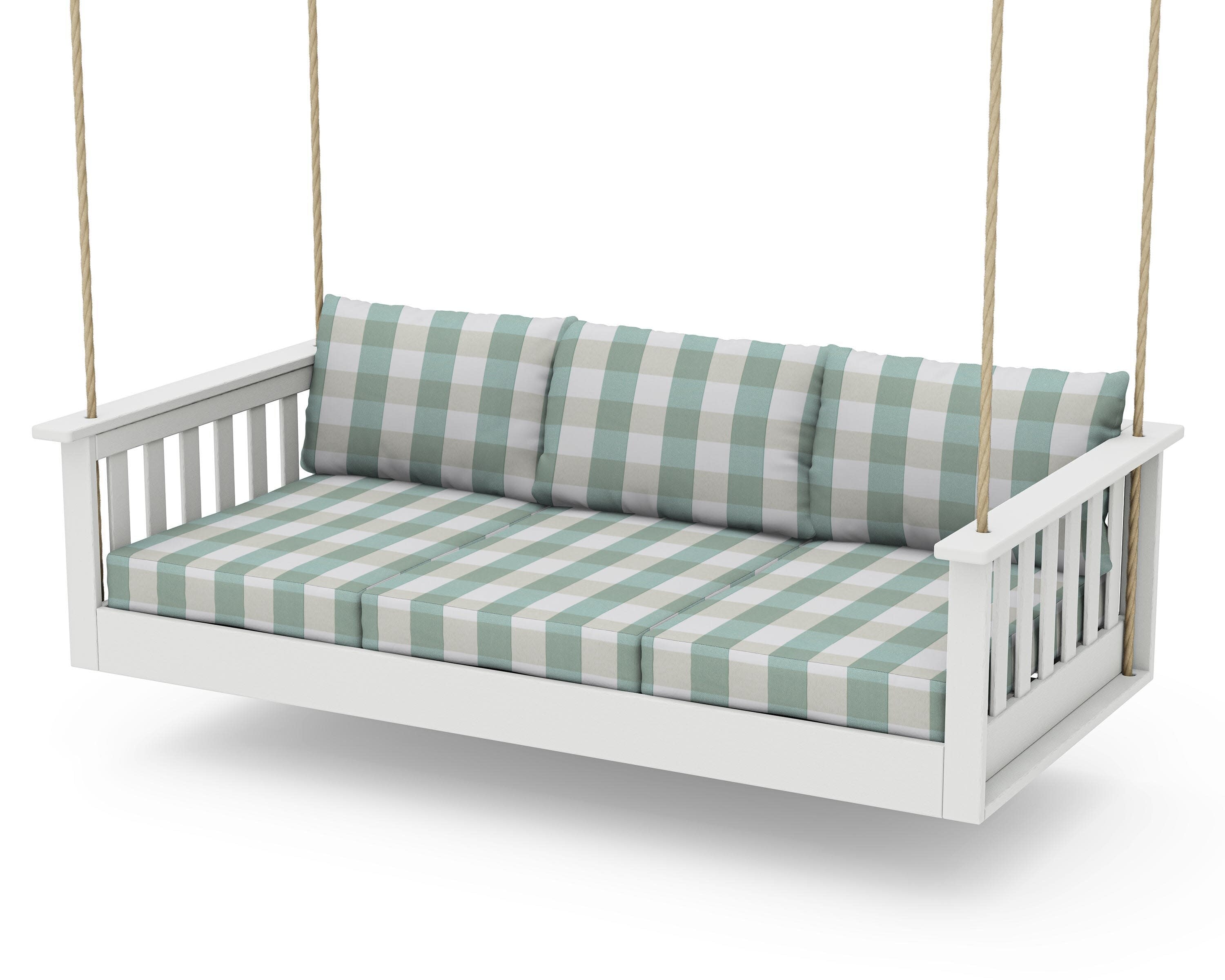 Vineyard Daybed Swing in Vintage White / Buffalo Plaid Glacier Spa