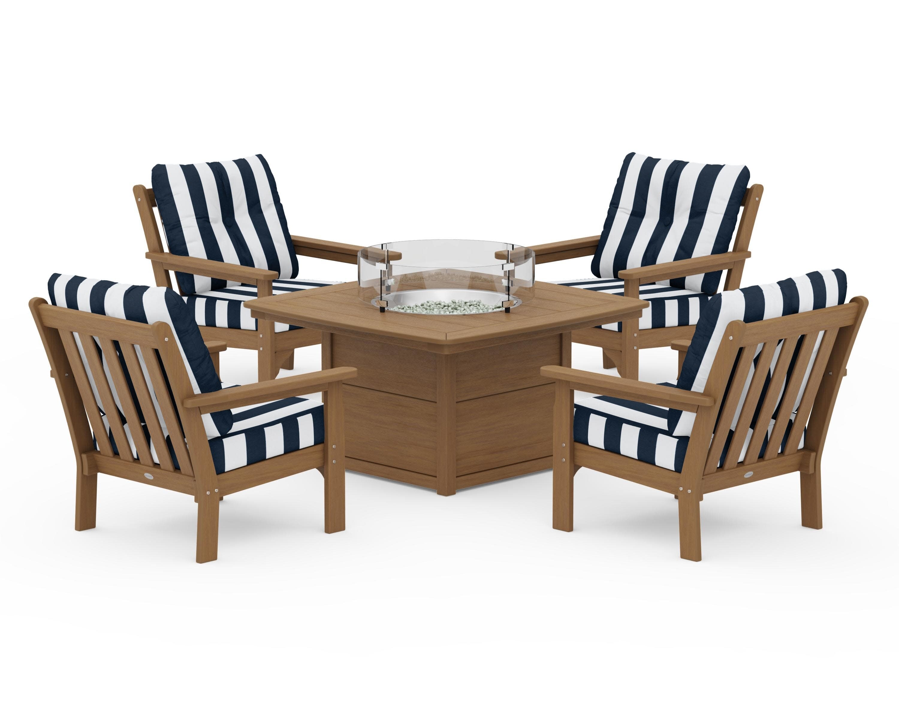 Vineyard 5-Piece Conversation Set with Fire Pit Table in Natural / Cabana Stripe Marine Indigo